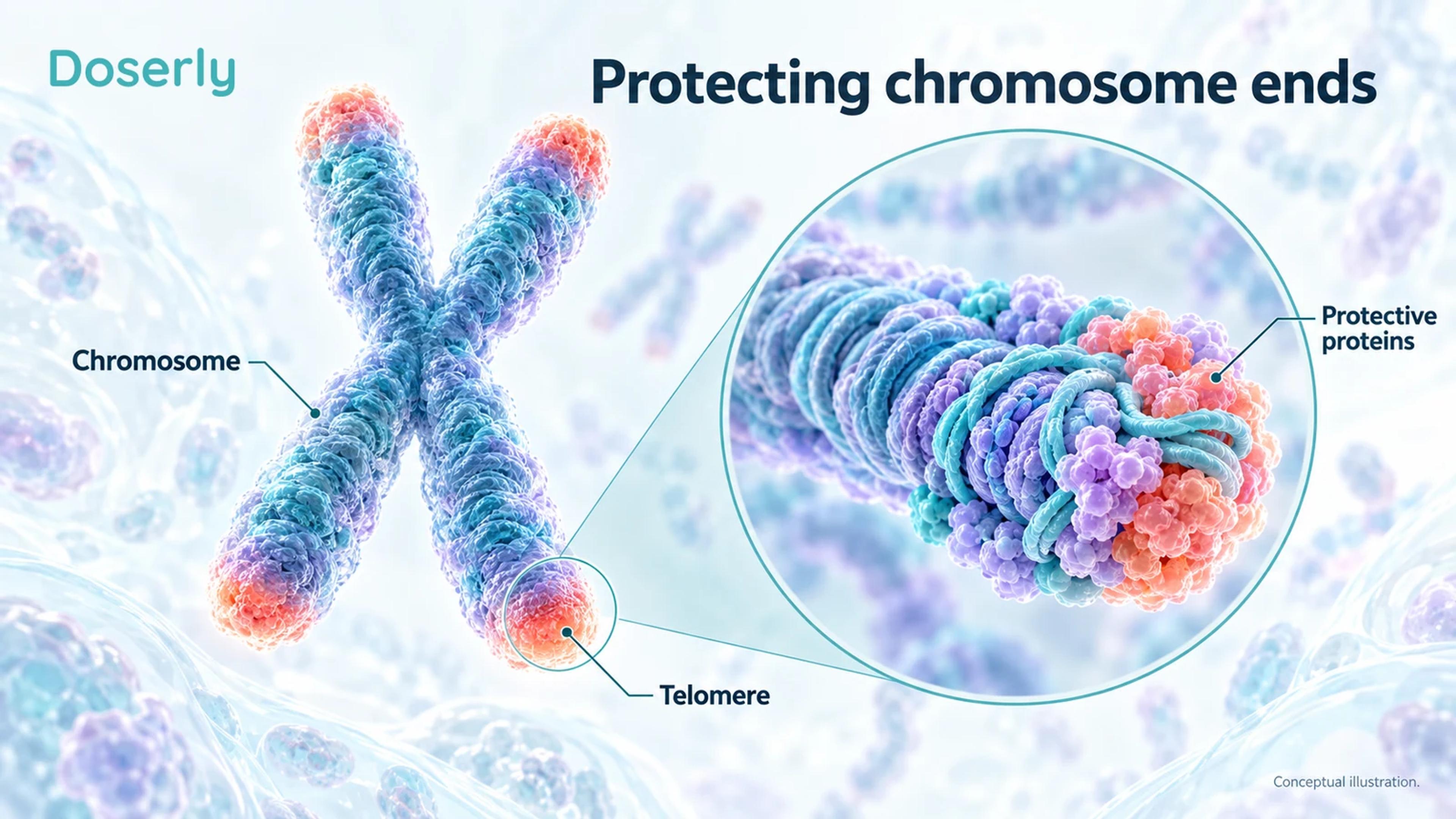 A chromosome with highlighted terminal regions and an enlarged chromosome end illustrates telomeres.