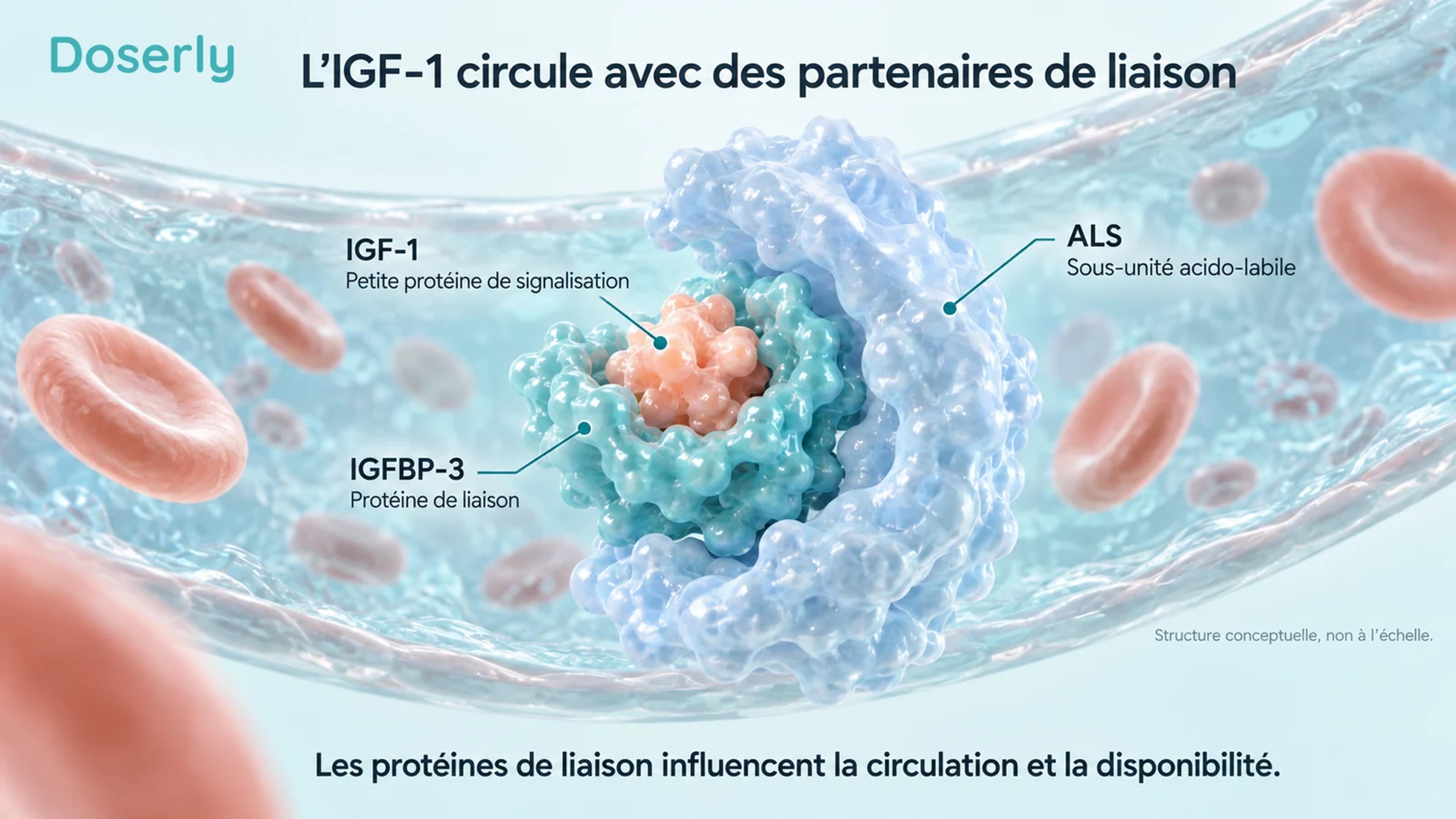 Représentation conceptuelle agrandie d’un complexe IGF-1, IGFBP-3 et ALS à l’intérieur d’un vaisseau sanguin