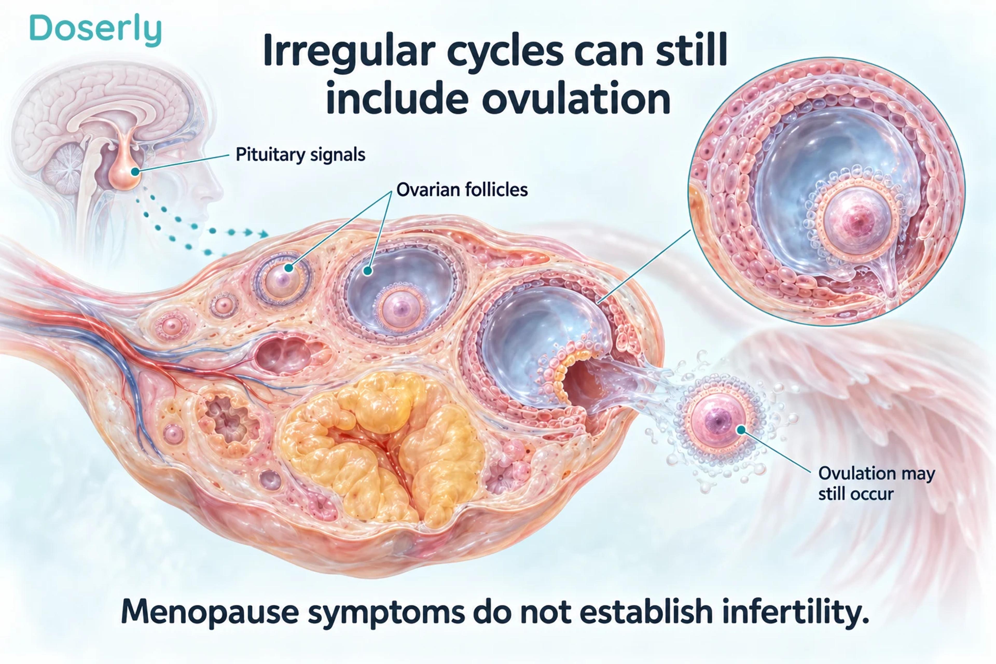 Pituitary signaling, ovarian follicles and ovum release explain why irregular cycles can still include ovulation.