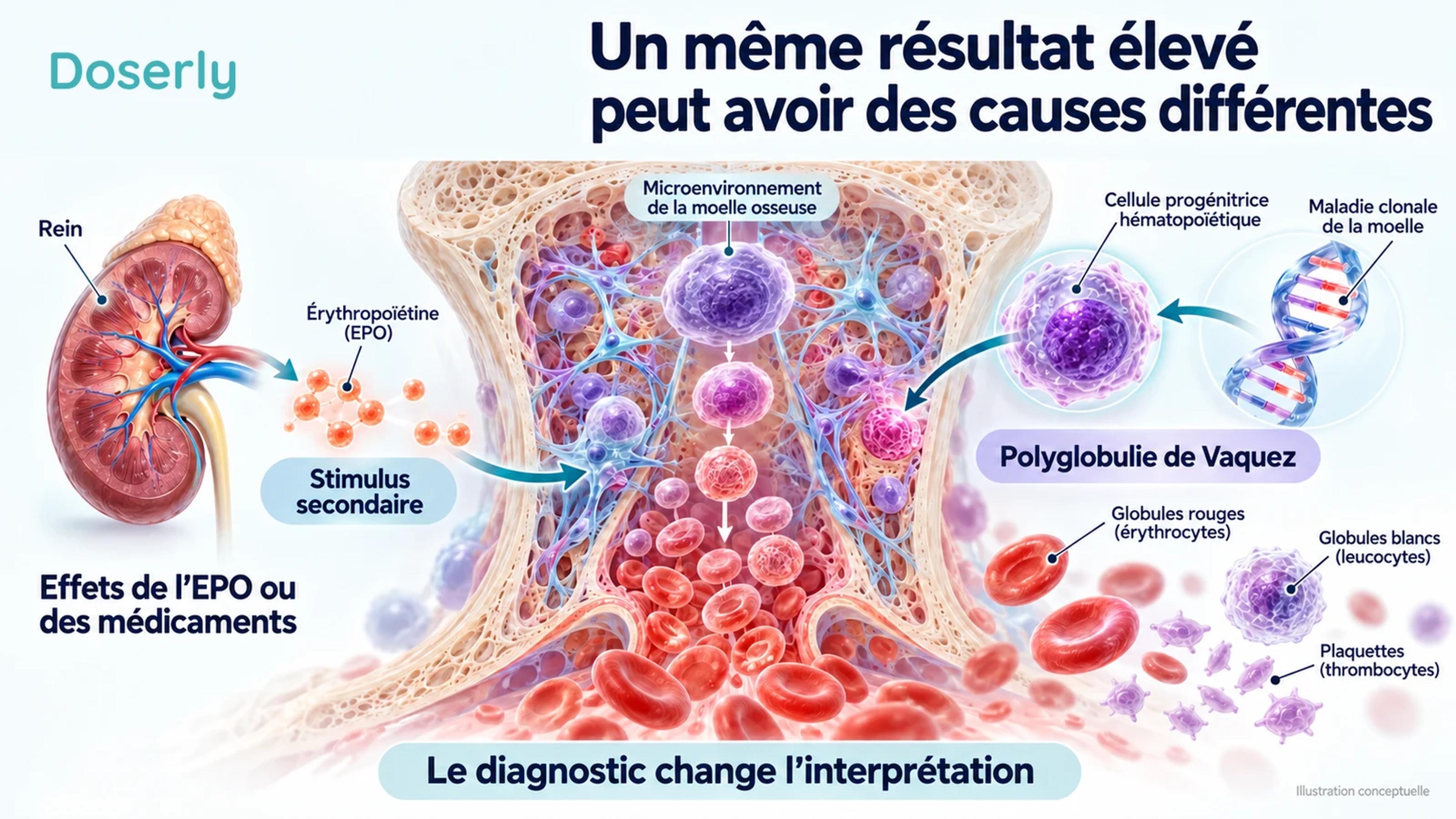 La signalisation rénale et un processus clonal de la moelle illustrent des voies différentes pouvant produire une numération élevée de globules rouges.