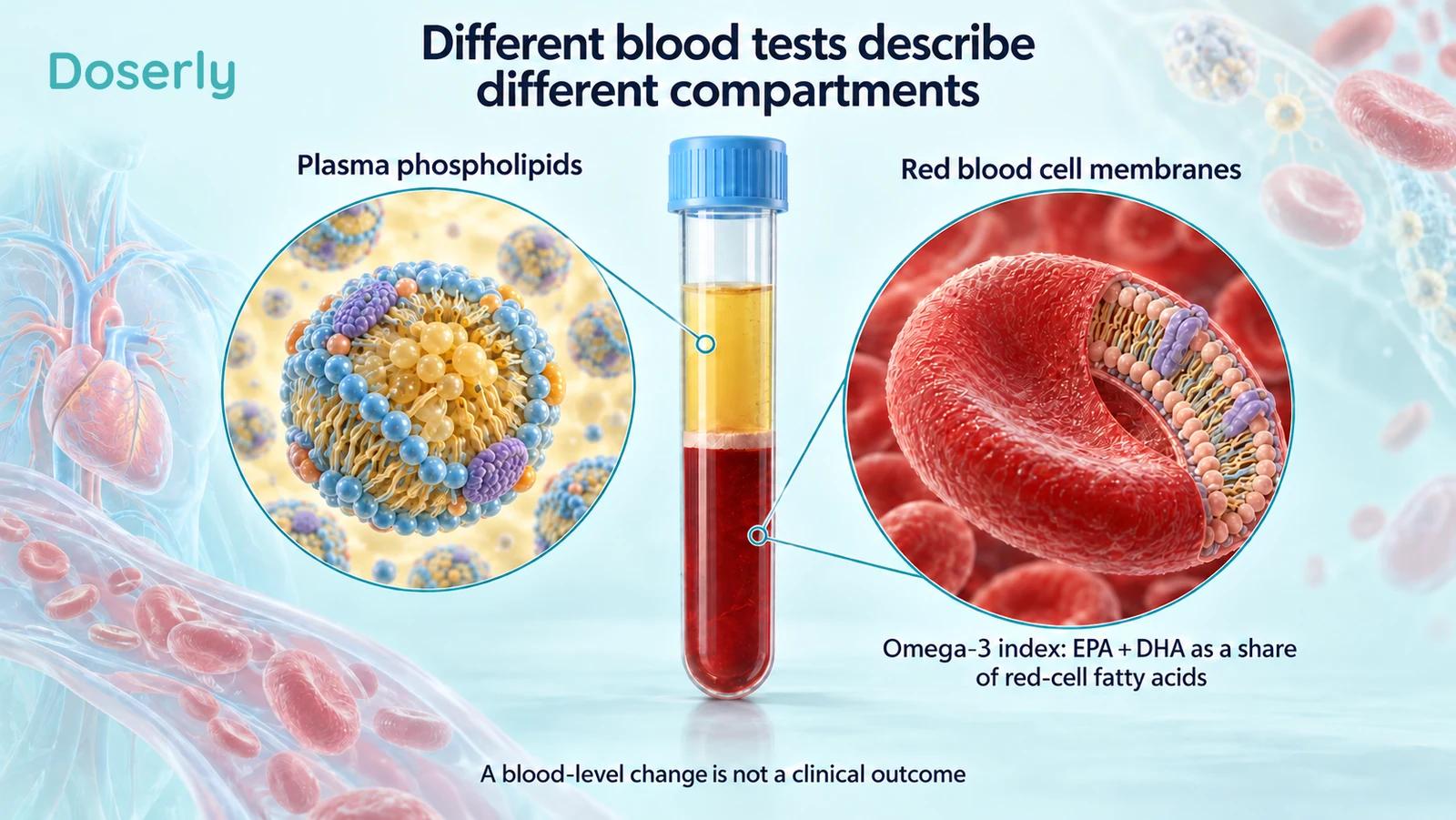 Separated blood sample with plasma lipid particles and red-blood-cell membrane insets.