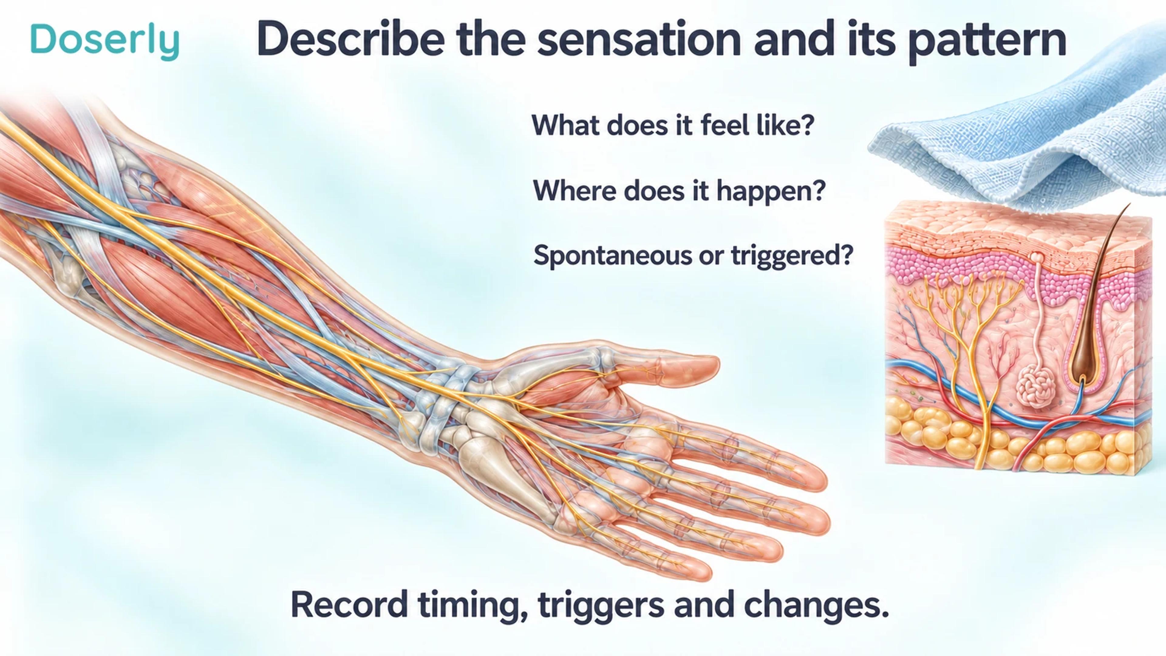 Translucent forearm and hand beside a separate skin specimen and questions about symptom pattern