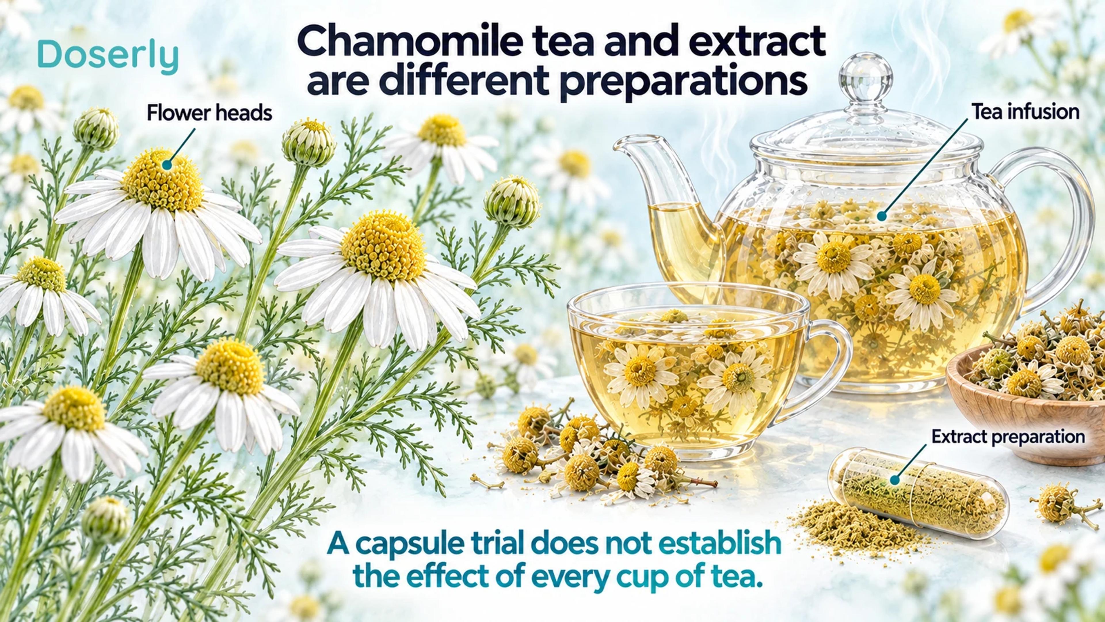 German chamomile flower heads with fine feathery foliage accompany tea infusion and an extract capsule.