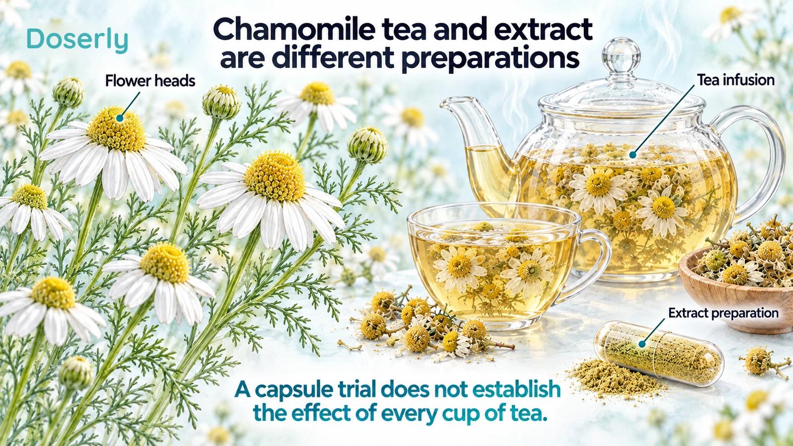 German chamomile flower heads with fine feathery foliage accompany tea infusion and an extract capsule.
