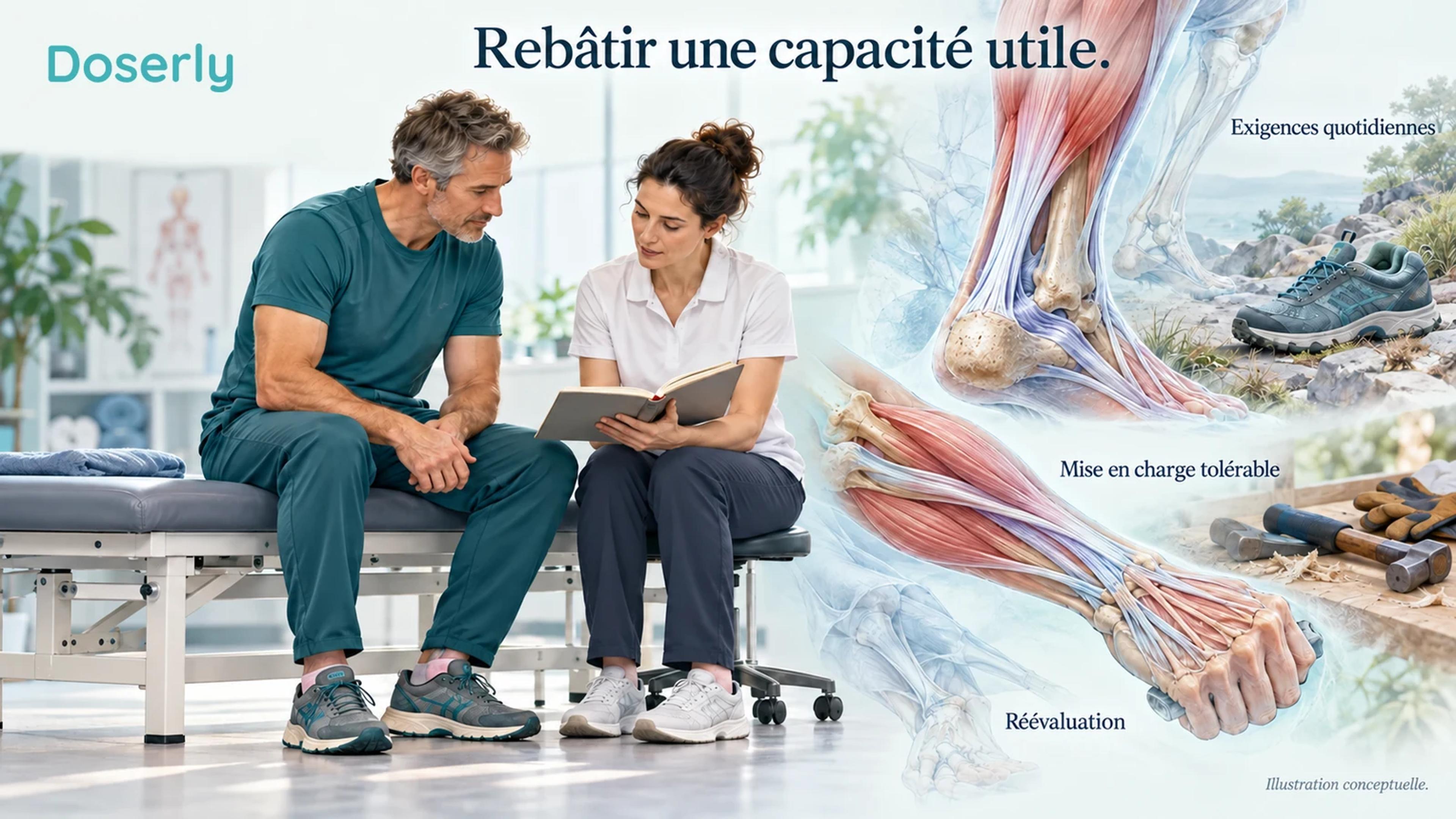Un clinicien et un adulte discutent d’objectifs de marche et de préhension, avec une anatomie détaillée du mollet et de l’avant-bras en arrière-plan.