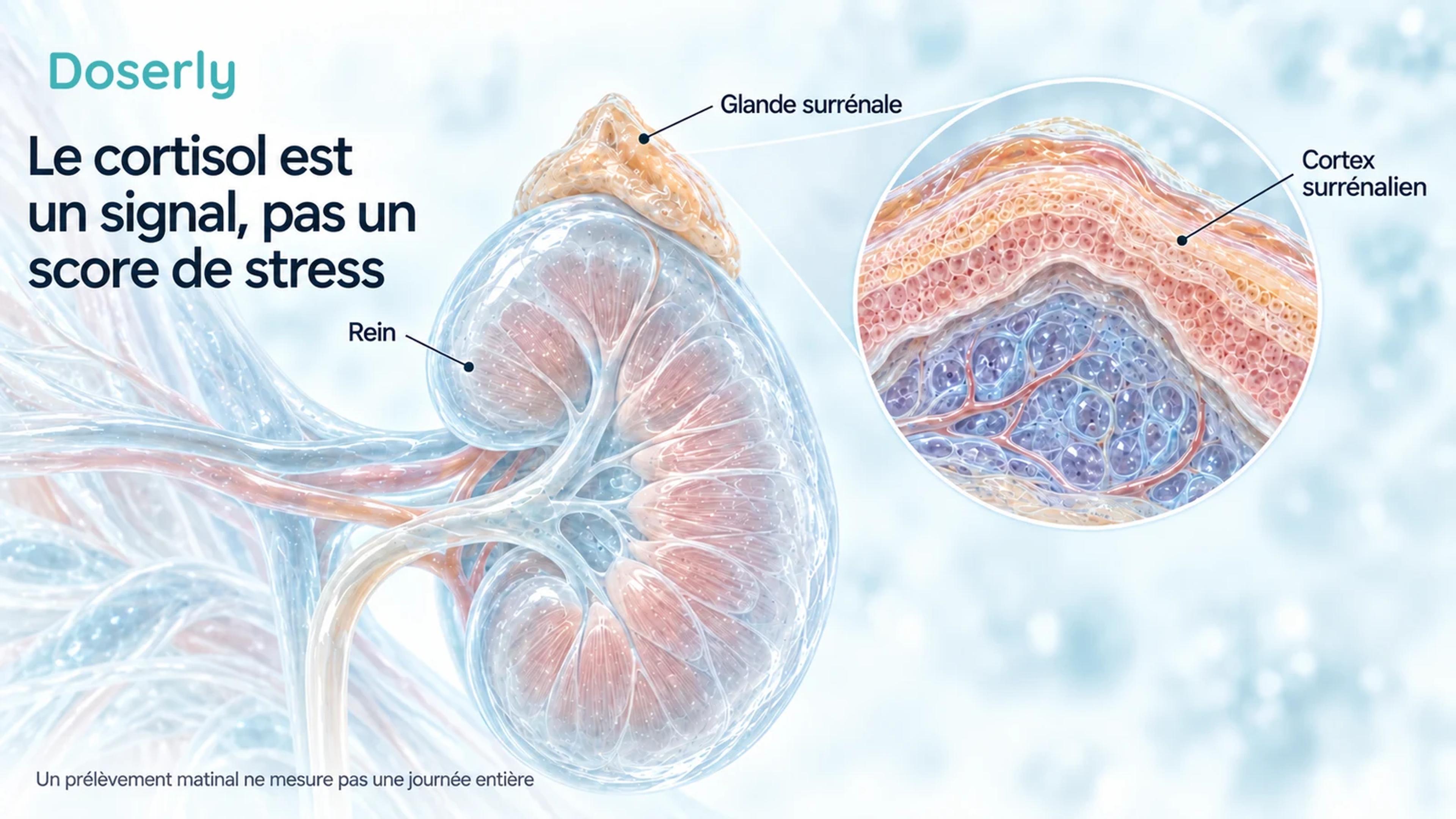 Un rein surmonté d’une glande surrénale et un agrandissement du cortex surrénalien illustrent la source du cortisol sans représenter l’effet d’un traitement par supplément.