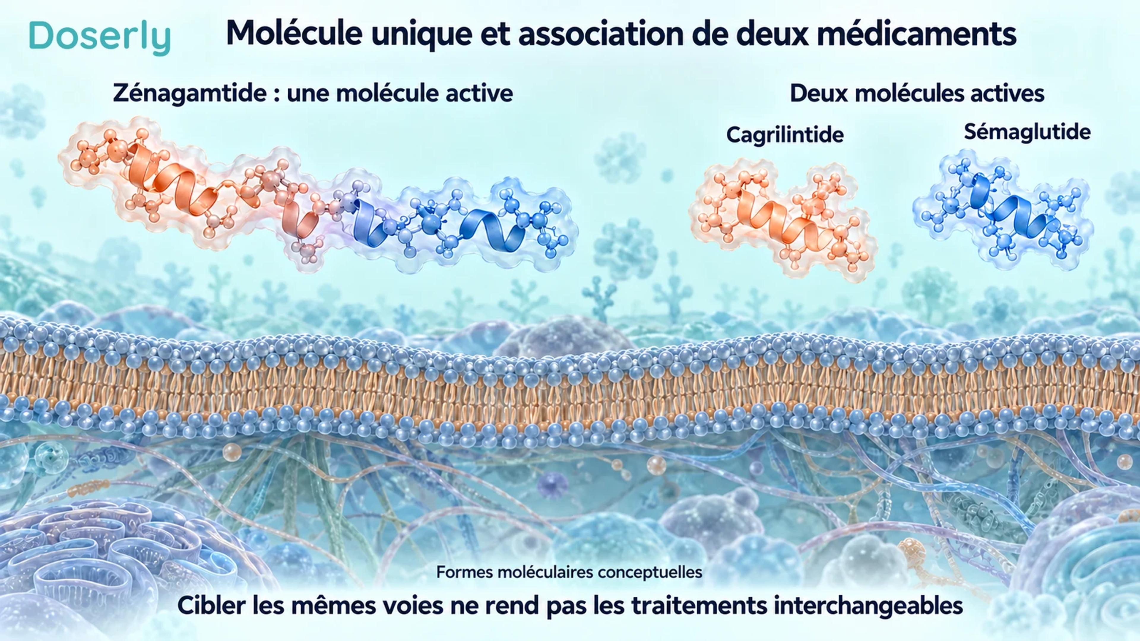 Représentation conceptuelle d’une molécule de zénagamtide d’un seul tenant à côté de molécules distinctes de cagrilintide et de sémaglutide.