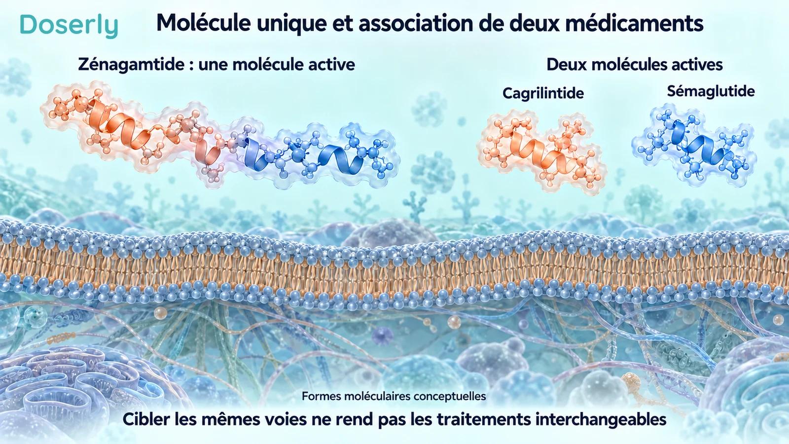 Représentation conceptuelle d’une molécule de zénagamtide d’un seul tenant à côté de molécules distinctes de cagrilintide et de sémaglutide.