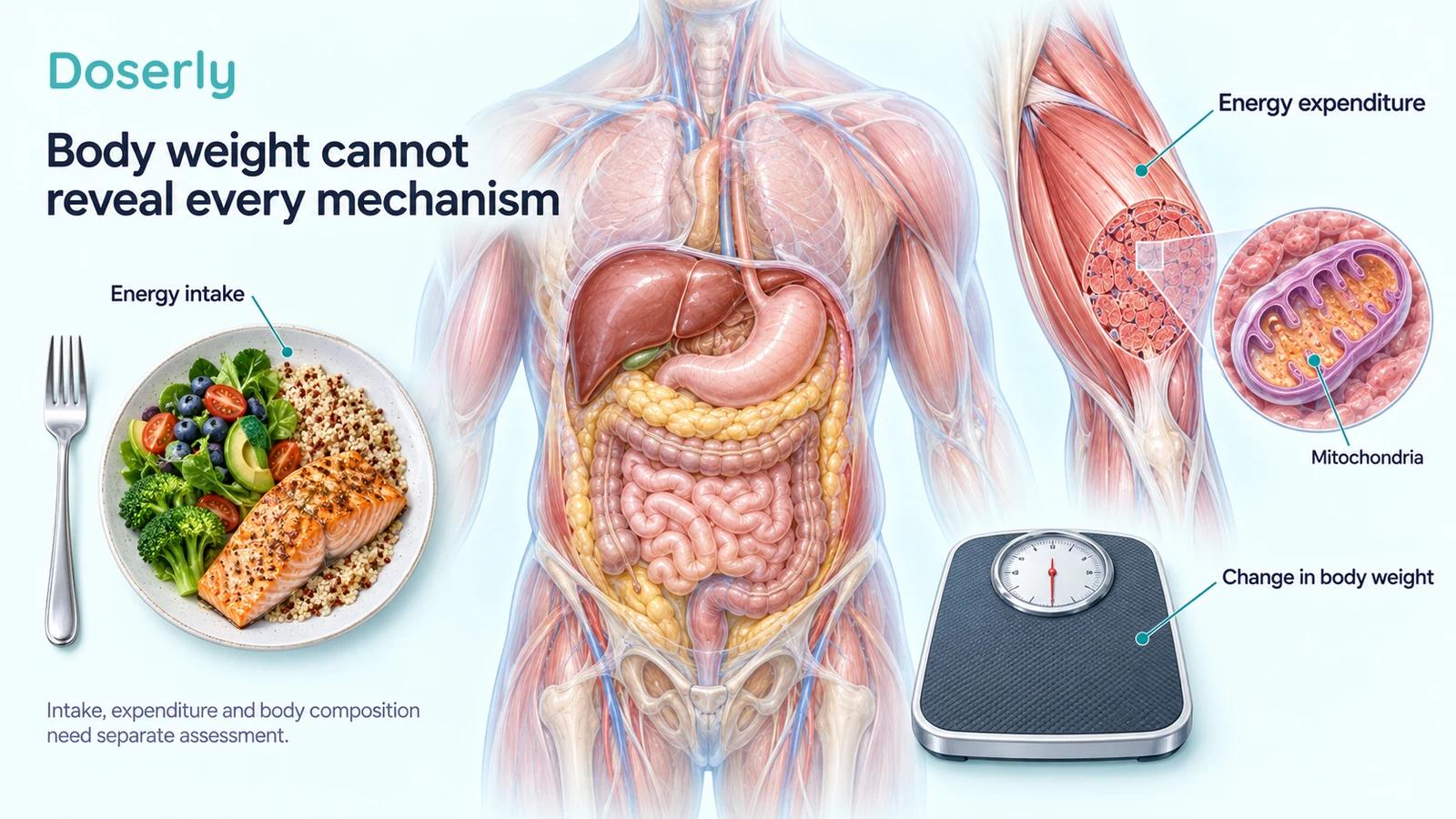 Detailed anatomy illustration connecting a meal, abdominal organs, muscle fibers, mitochondria and a scale to the separate concepts of intake, expenditure and body weight.