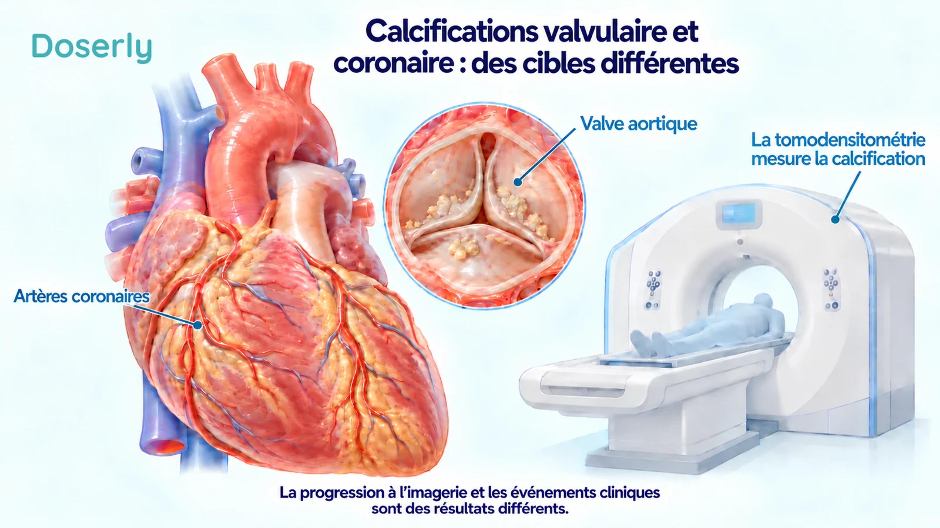 Un cœur anatomique distingue la valve aortique des artères coronaires, avec un appareil de tomodensitométrie représentant la mesure de la calcification.