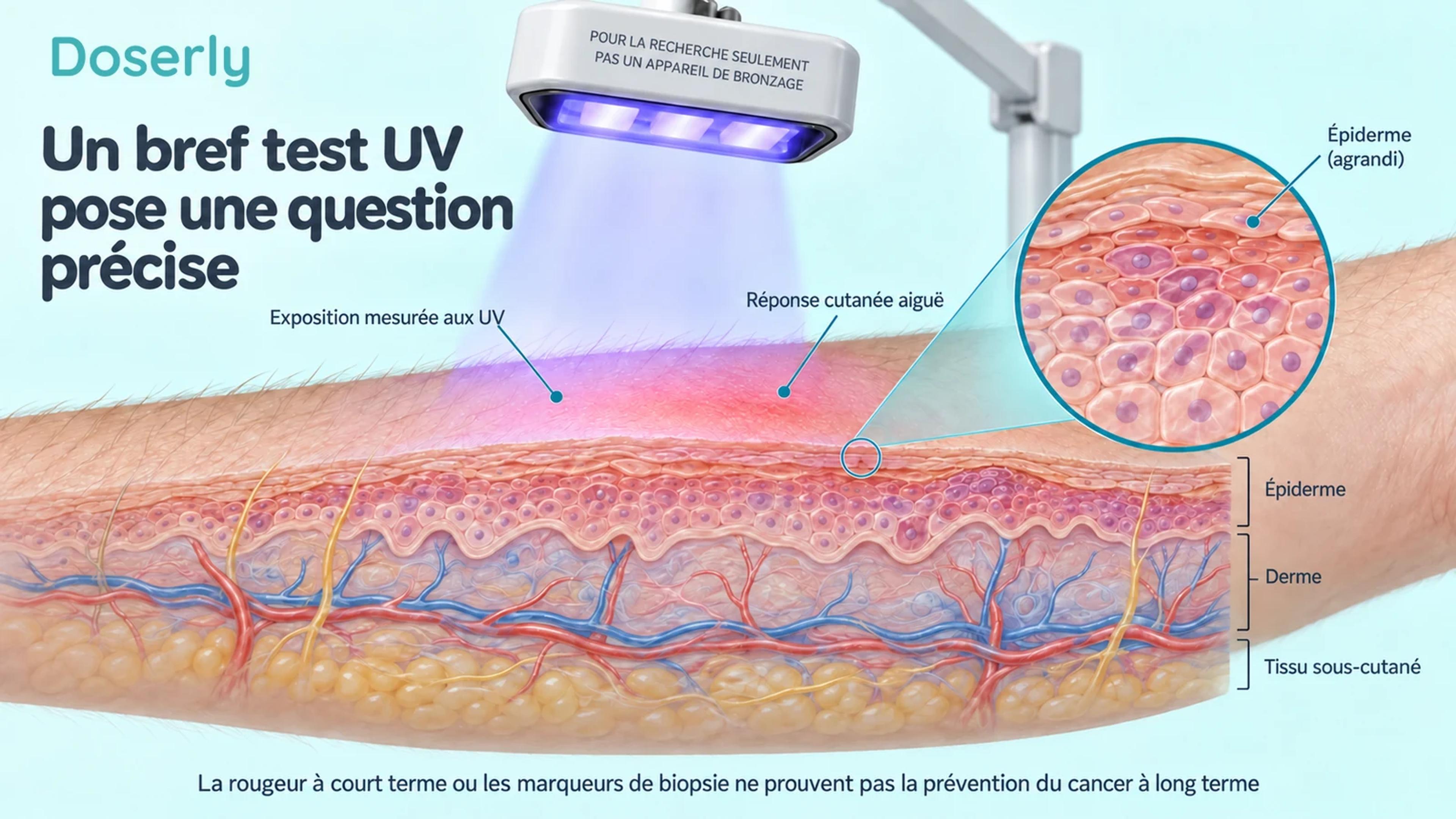 Illustration médicale d’une source expérimentale d’UV au-dessus de la peau et de cellules de l’épiderme agrandies.