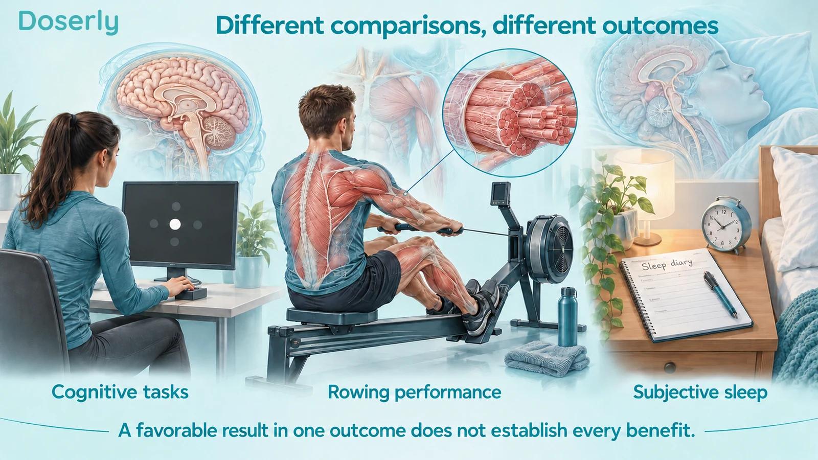 Two detailed illustrated athletes perform a reaction task and an indoor rowing test, while a separate sleep diary represents a different outcome.