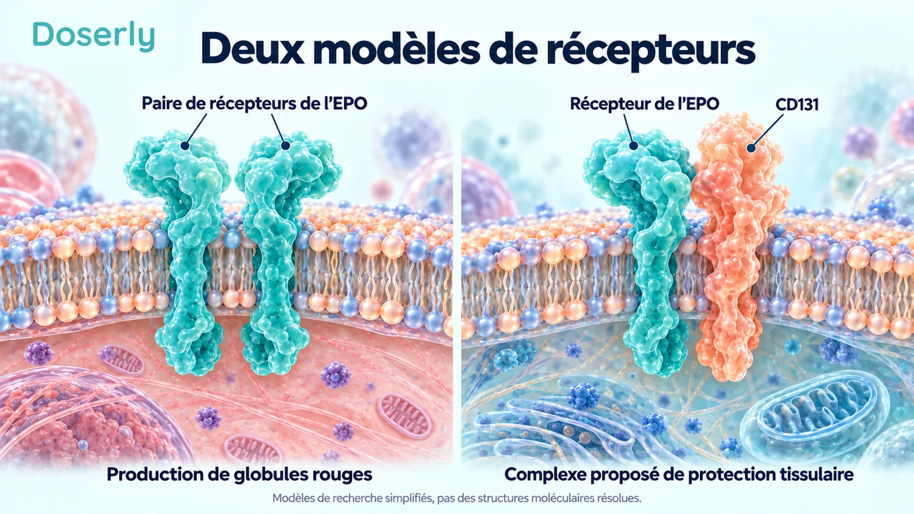 Deux modèles conceptuels de membrane cellulaire montrent une paire de récepteurs de l’EPO et un complexe proposé récepteur de l’EPO–CD131.