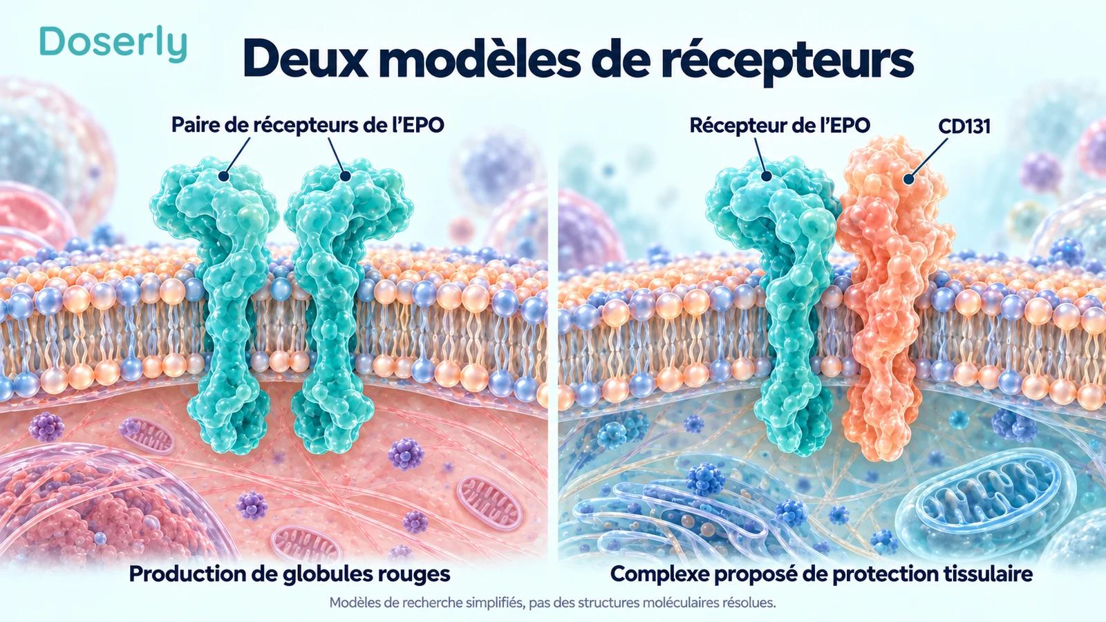 Deux modèles conceptuels de membrane cellulaire montrent une paire de récepteurs de l’EPO et un complexe proposé récepteur de l’EPO–CD131.