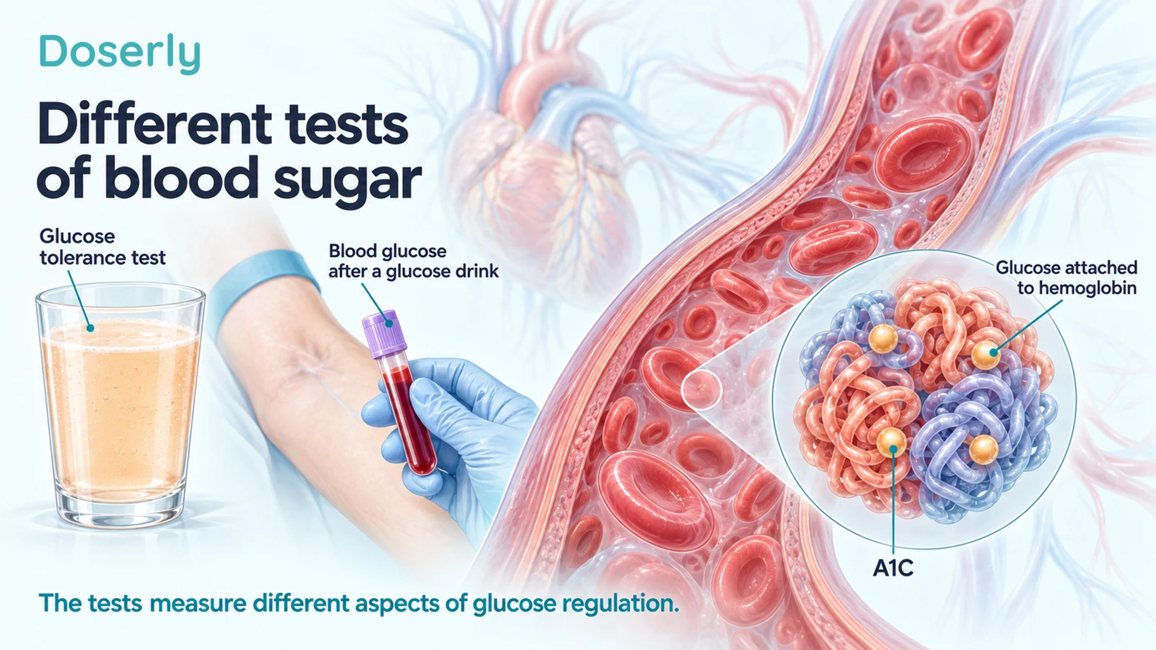 A glucose drink and blood sample beside enlarged red cells and a conceptual hemoglobin illustration, explaining glucose tolerance testing and A1C.