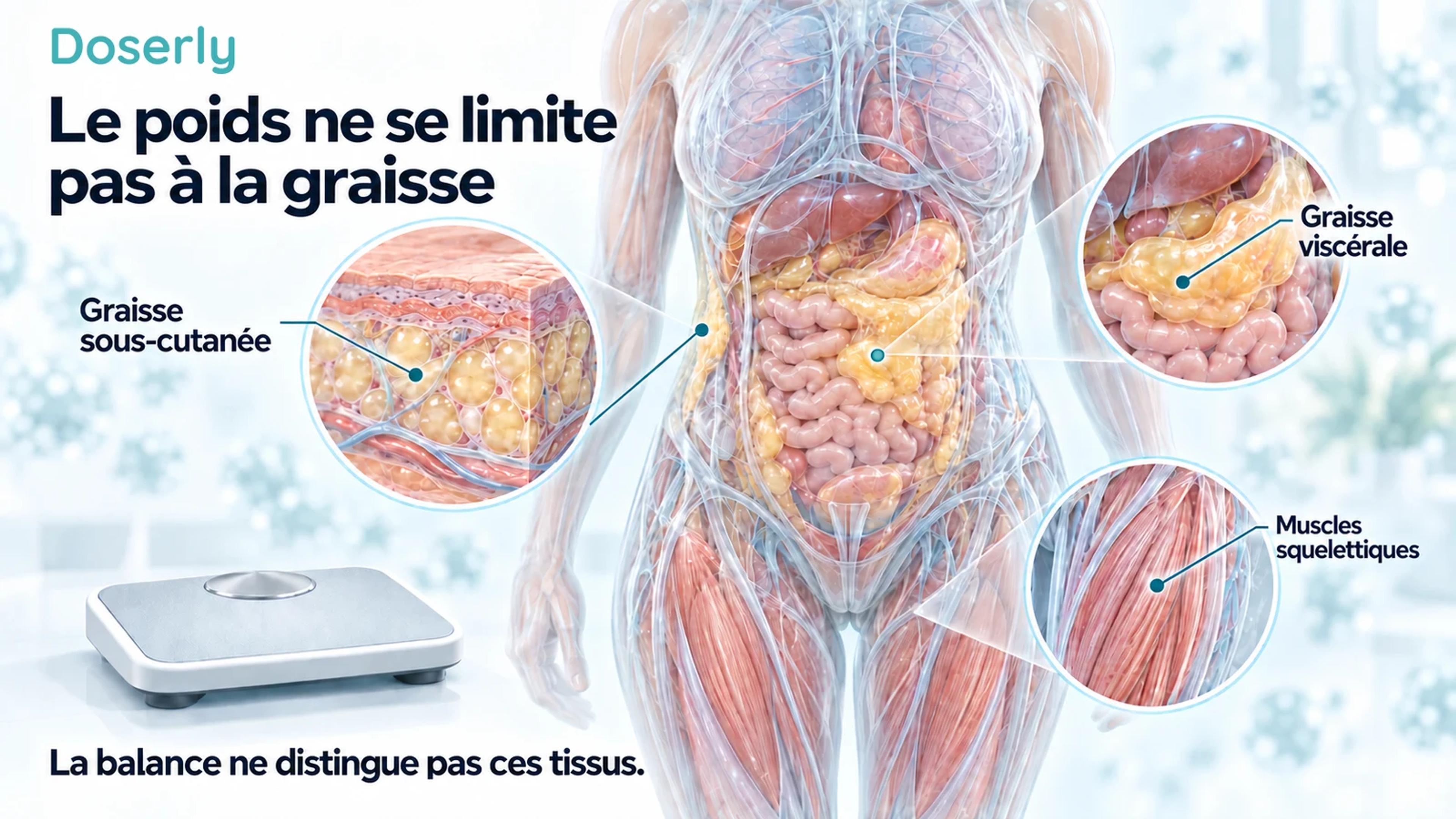 Un torse translucide avec des vues agrandies de la graisse sous-cutanée, de la graisse viscérale et des muscles squelettiques, à côté d’un pèse-personne.