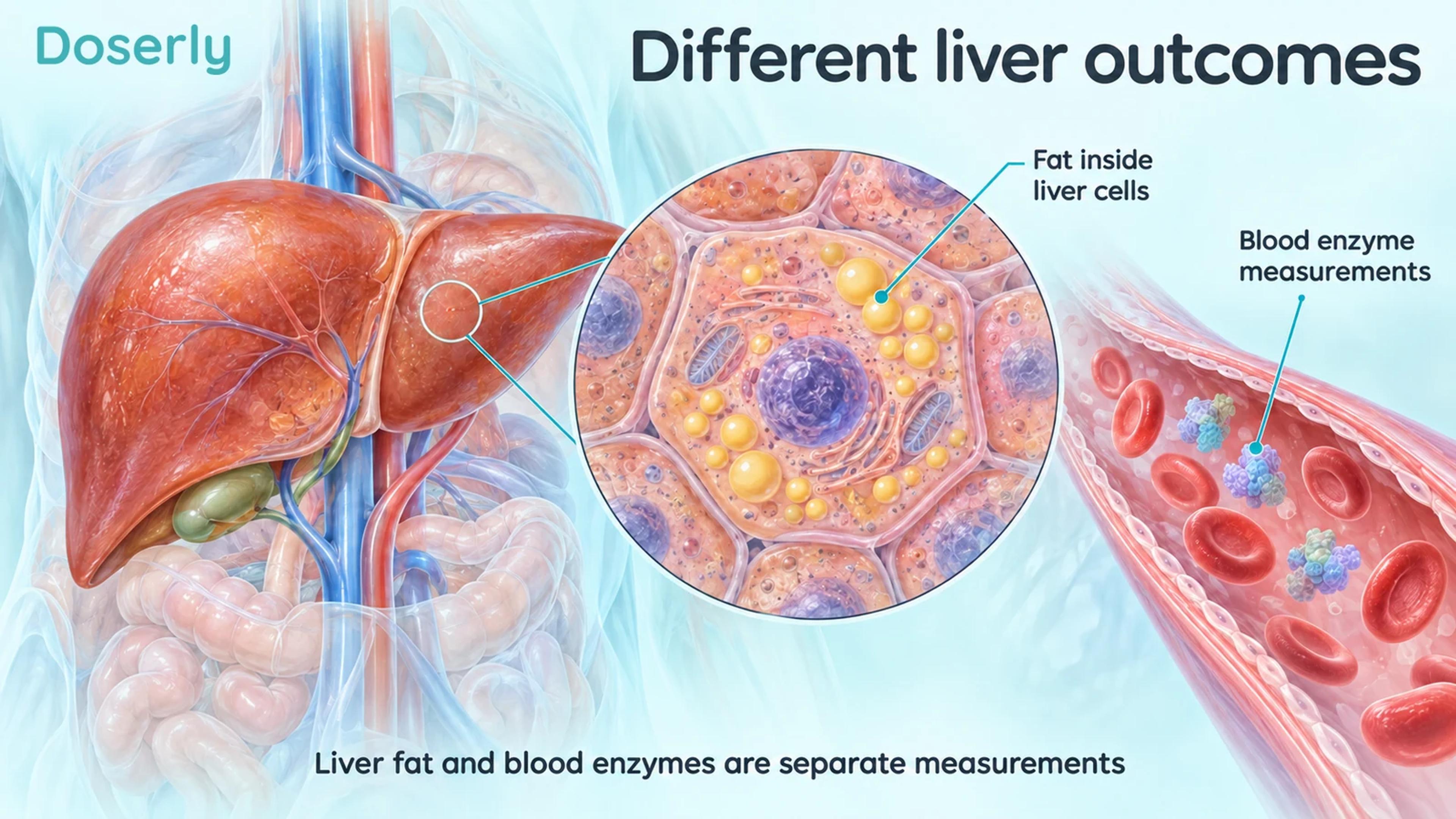 Liver and enlarged fat-containing liver cells beside a blood vessel illustrating separate enzyme measurements.