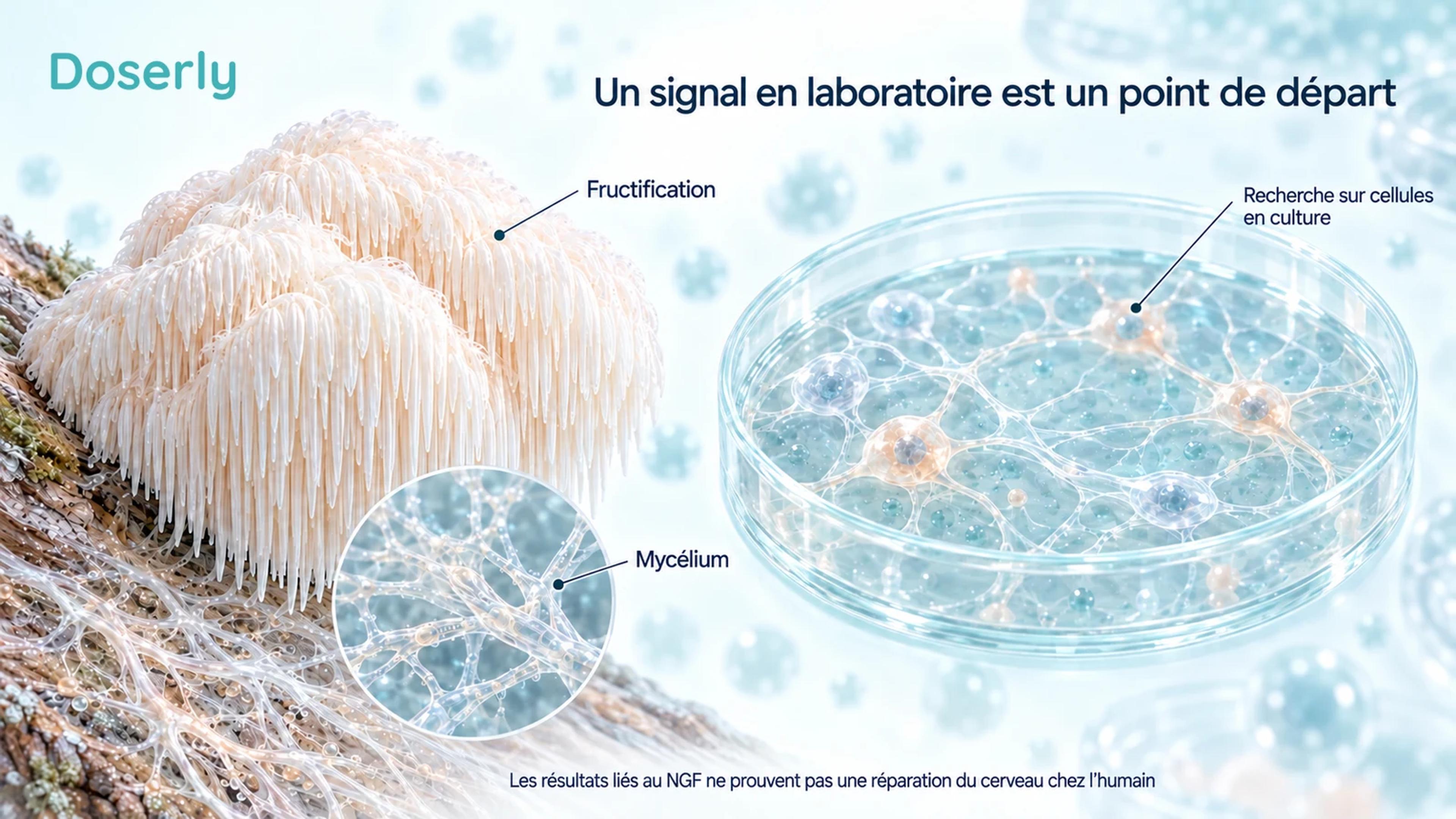 Une fructification d’hydne hérisson détaillée, un encadré montrant le mycélium fongique et une boîte de culture cellulaire distincte différencient l’anatomie du champignon de la recherche préclinique sur la croissance nerveuse.
