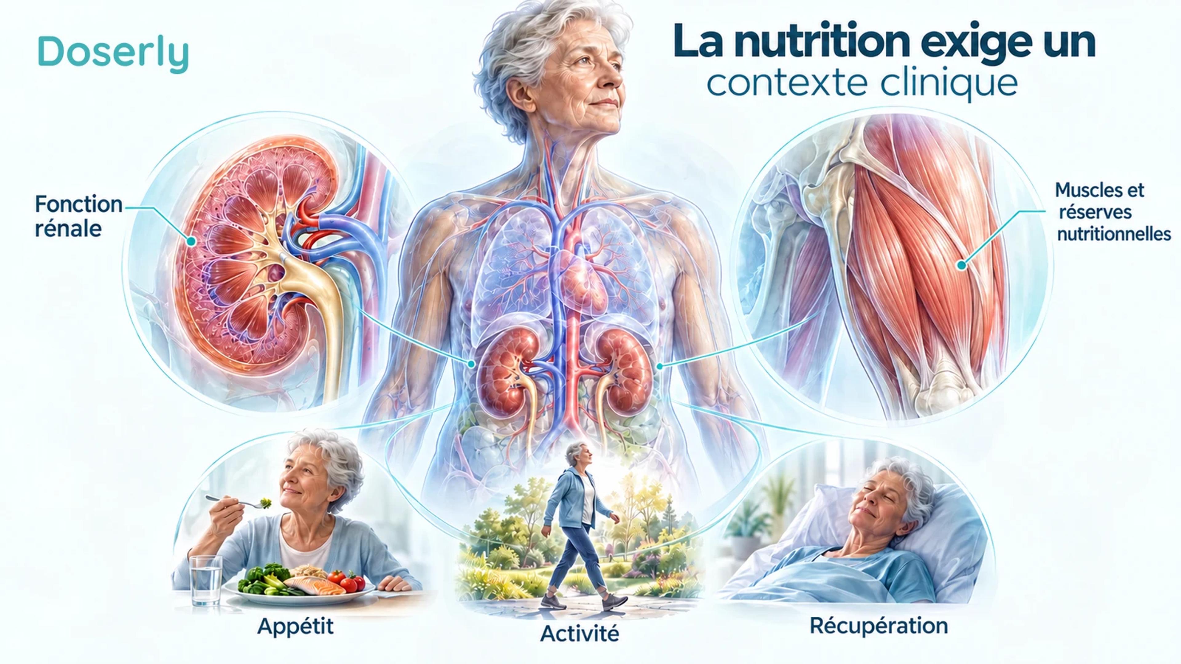 Anatomie d’une personne âgée avec vues des reins et des muscles, et scènes quotidiennes liées à l’appétit, à l’activité et à la récupération