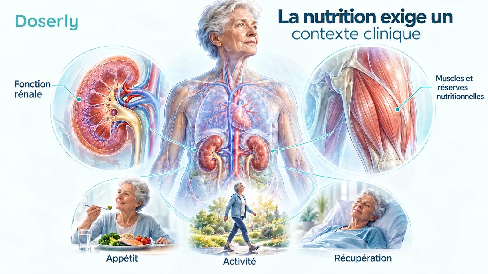 Anatomie d’une personne âgée avec vues des reins et des muscles, et scènes quotidiennes liées à l’appétit, à l’activité et à la récupération