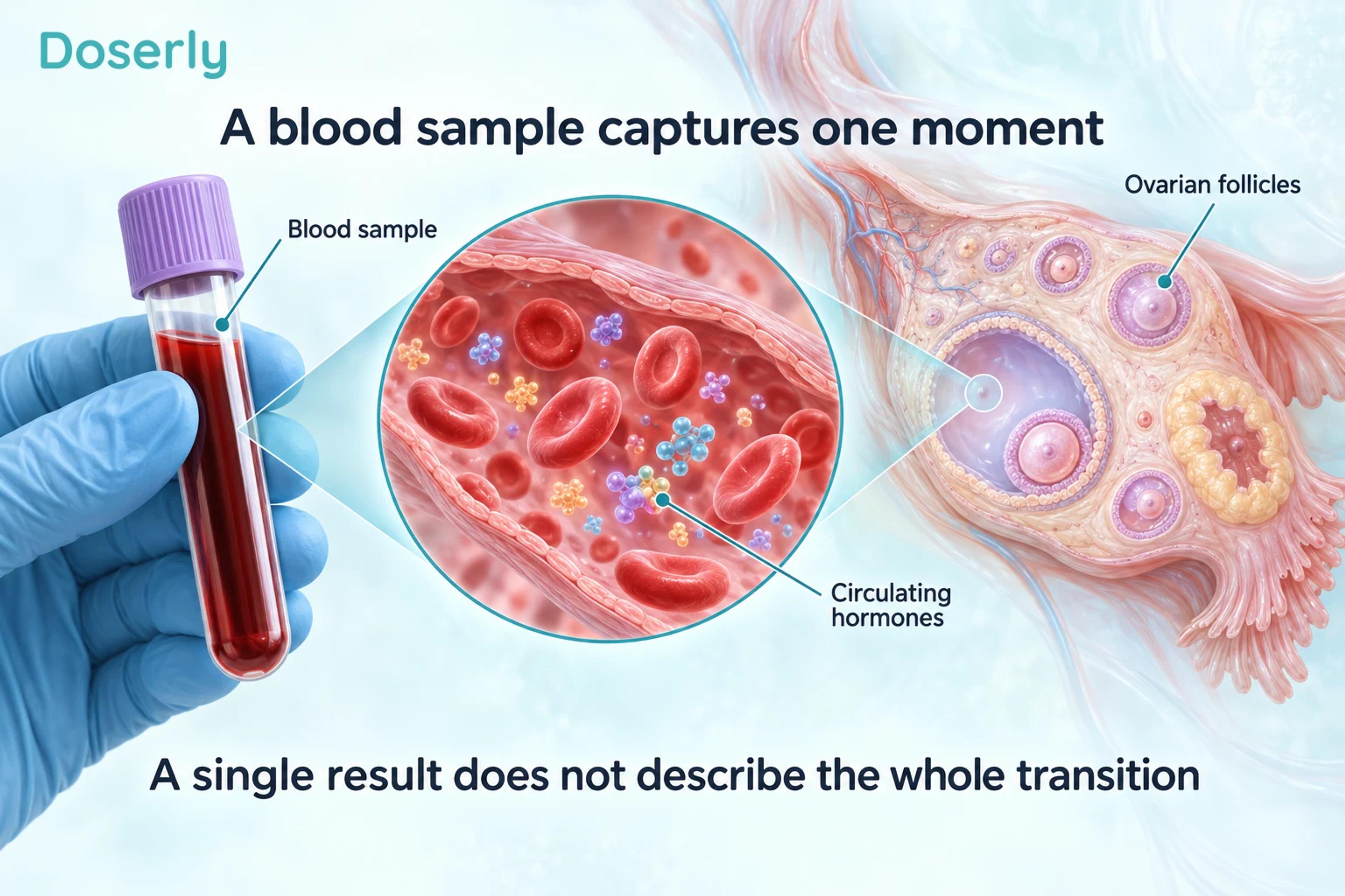 A blood sample, conceptual circulating hormones and ovarian follicles explain the limits of one measurement.