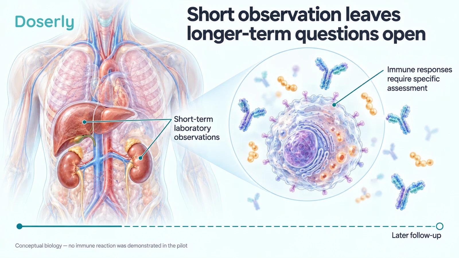Translucent torso and a conceptual immune cell illustration show short-term laboratory observation alongside questions requiring later, specific assessment.