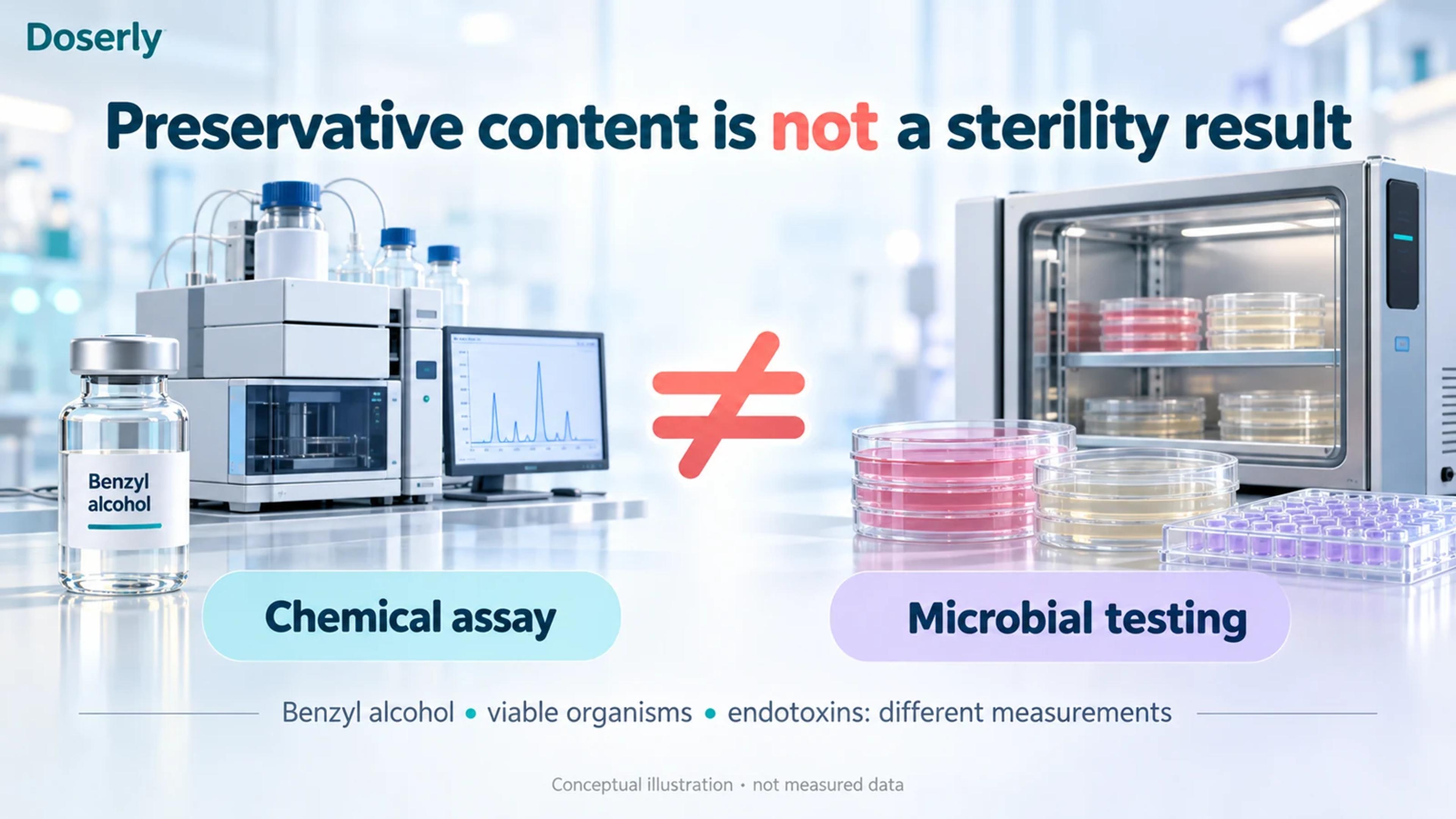 A preservative molecule, an opened vial and a culture dish illustrating that chemical preservative content does not prove sterility.