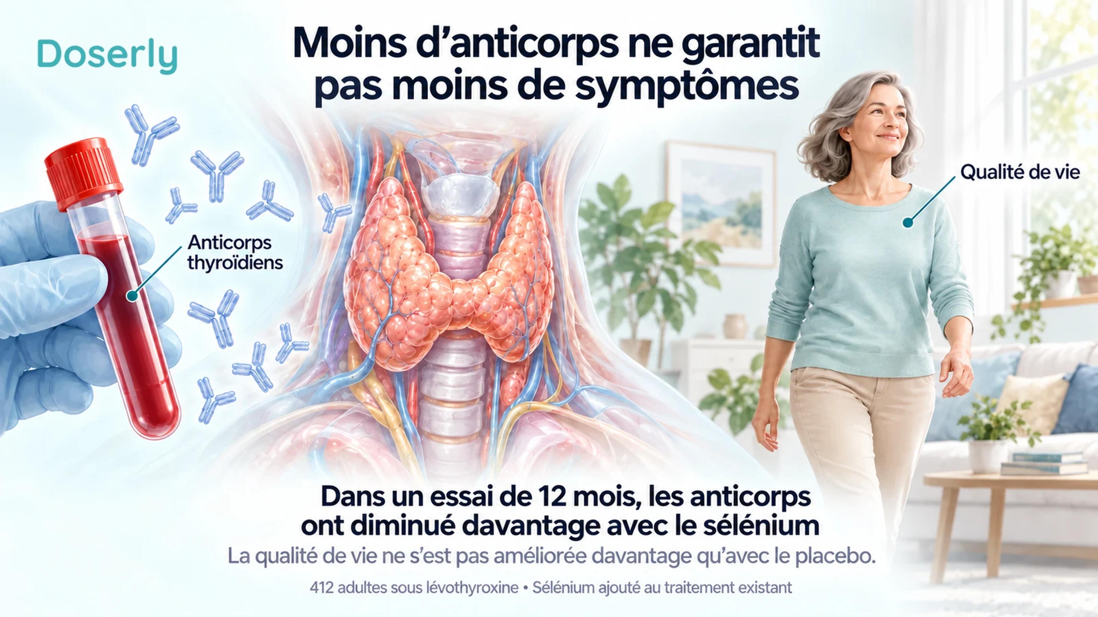 L’anatomie de la thyroïde et un échantillon de sang sont mis en parallèle avec une personne représentant la qualité de vie, pour expliquer les critères distincts de l’essai sur le sélénium.