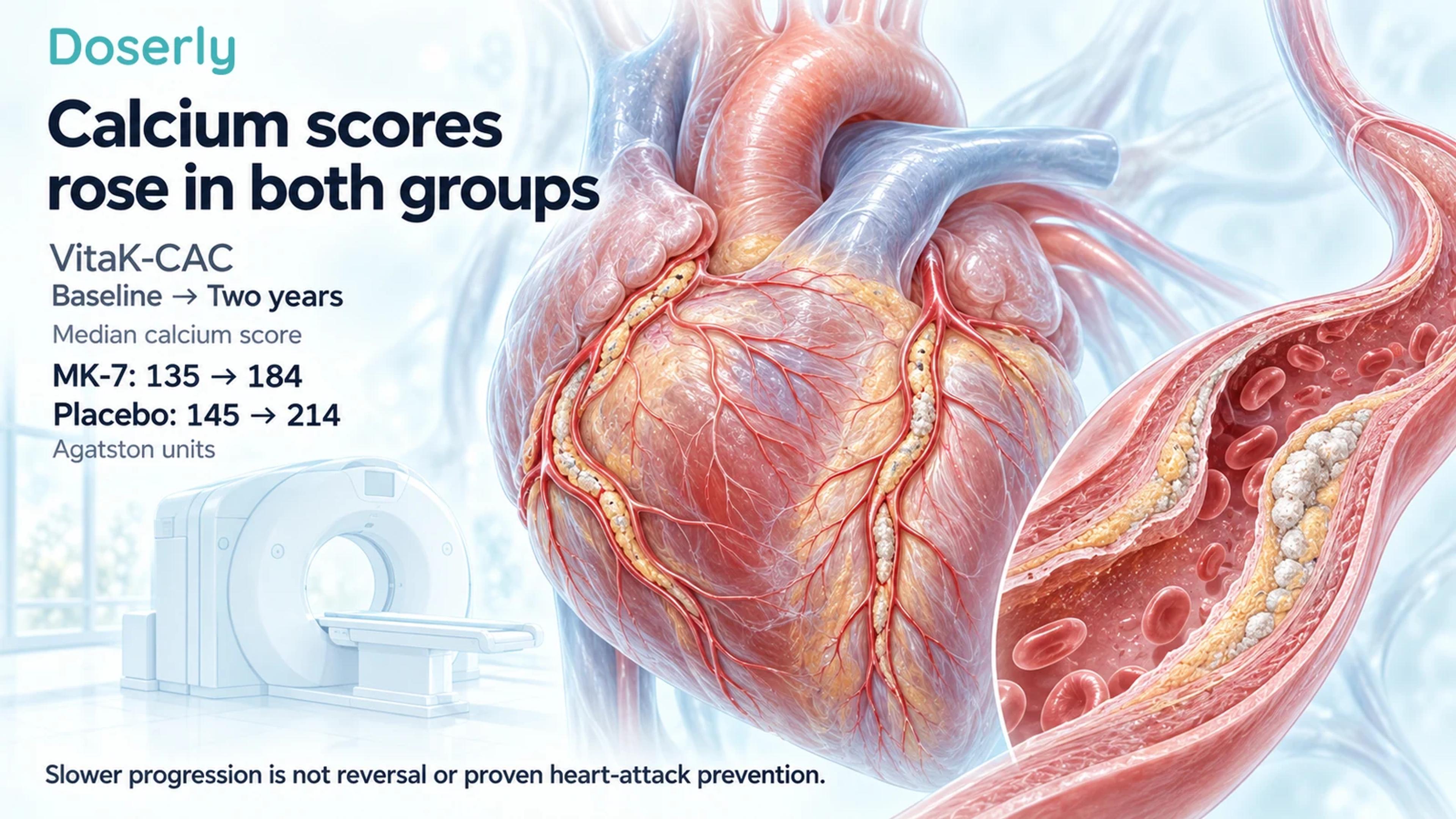 Detailed heart and artery-wall cutaway beside VitaK-CAC median calcium scores rising from 135 to 184 with MK-7 and 145 to 214 with placebo.