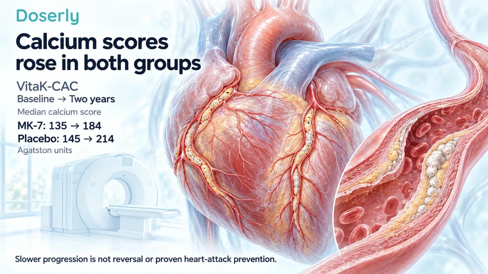 Detailed heart and artery-wall cutaway beside VitaK-CAC median calcium scores rising from 135 to 184 with MK-7 and 145 to 214 with placebo.