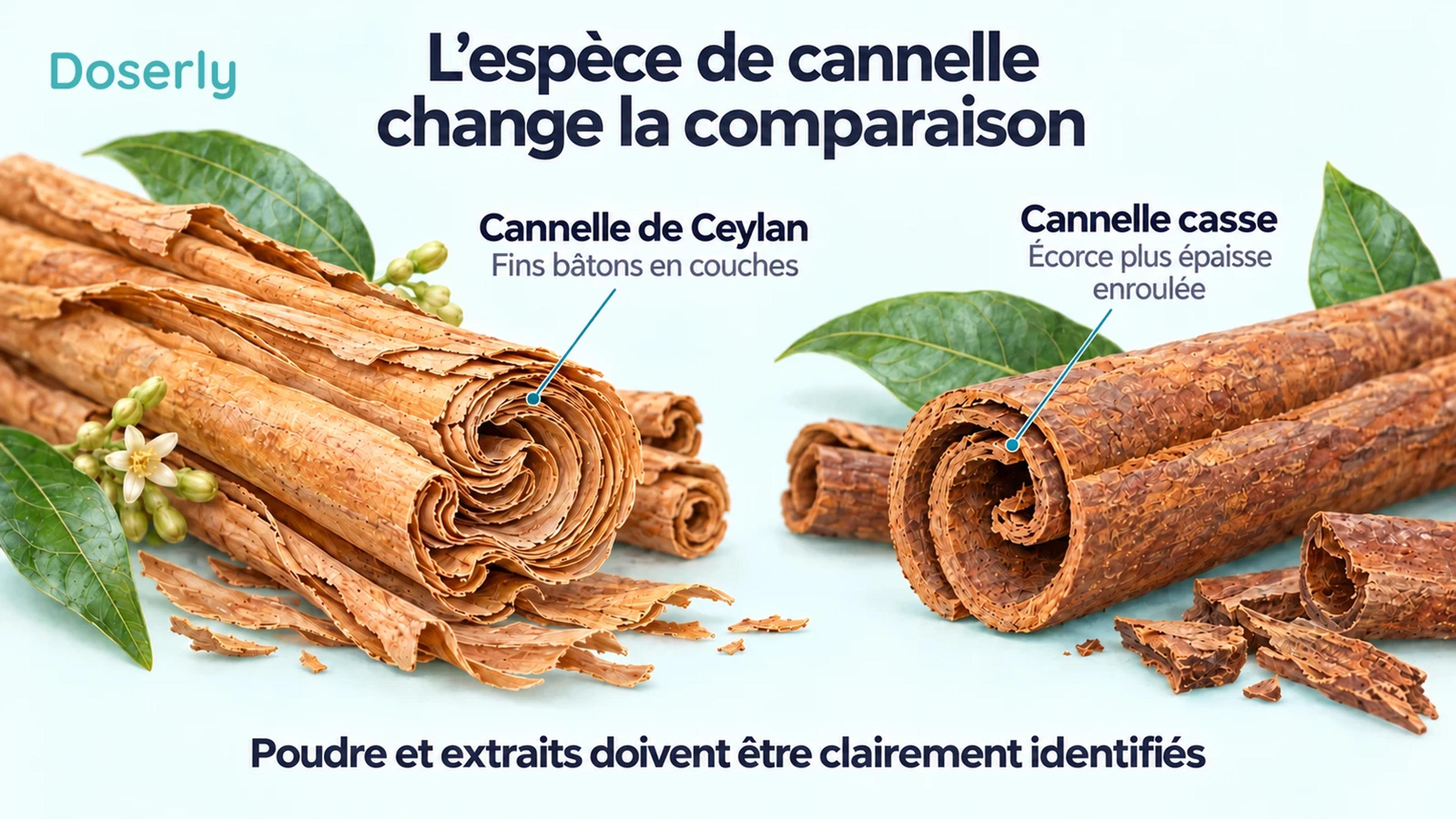 Illustration détaillée d’écorces de cannelle comparant les fins bâtons de Ceylan en couches à l’écorce de casse plus épaisse et enroulée
