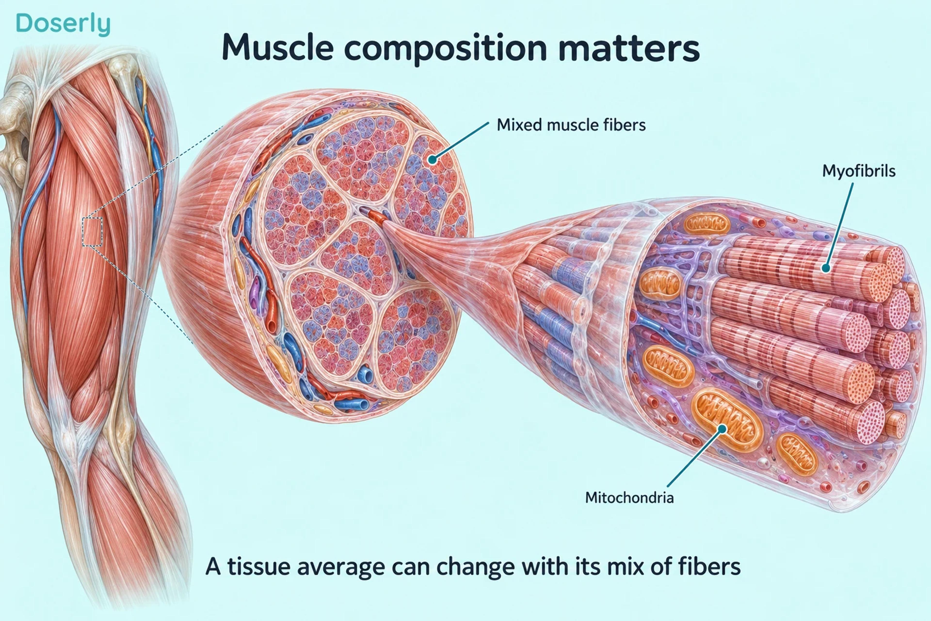 A muscle fascicle and enlarged fiber show mixed fibers, internal myofibrils and mitochondria.