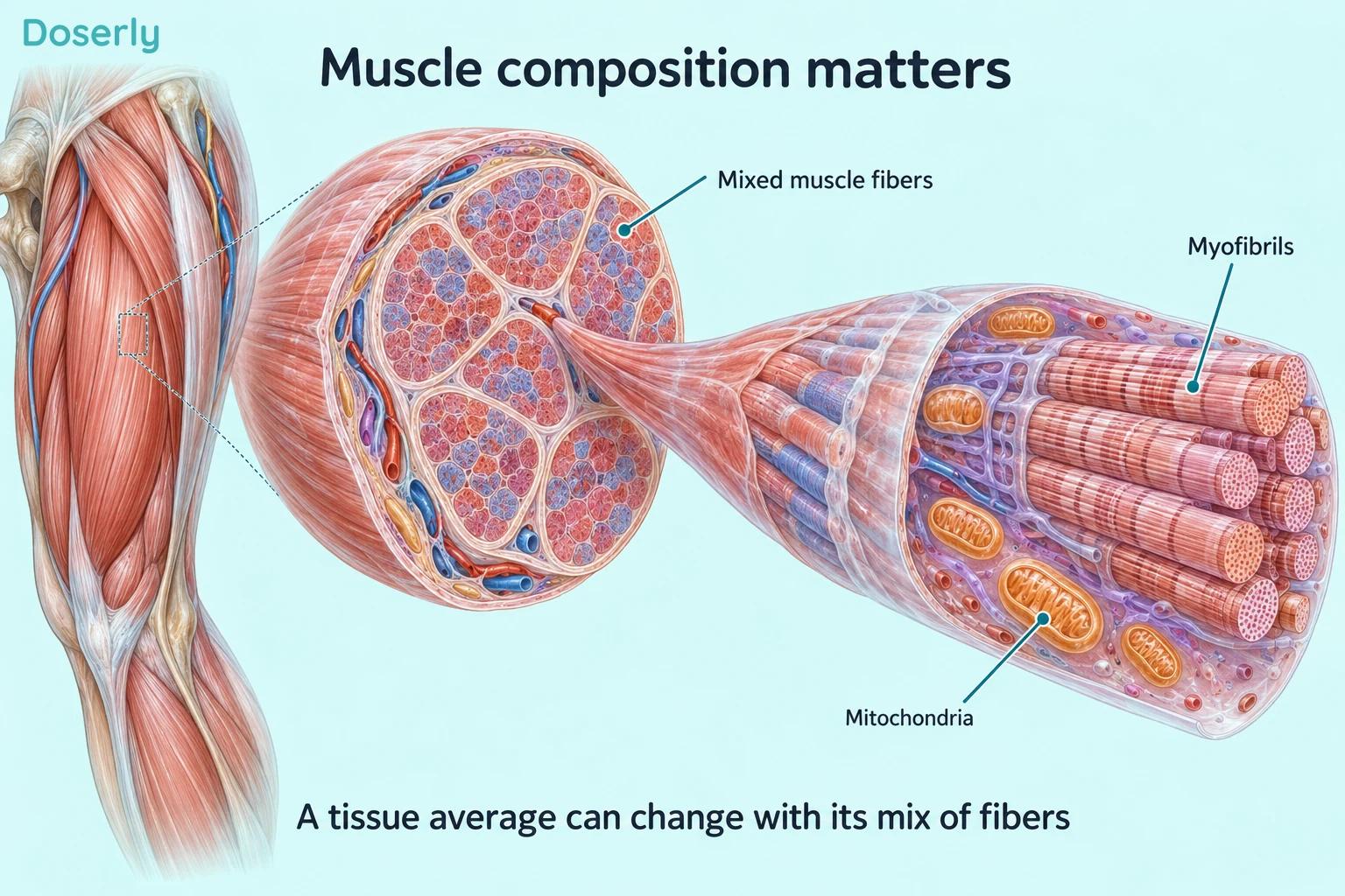 A muscle fascicle and enlarged fiber show mixed fibers, internal myofibrils and mitochondria.