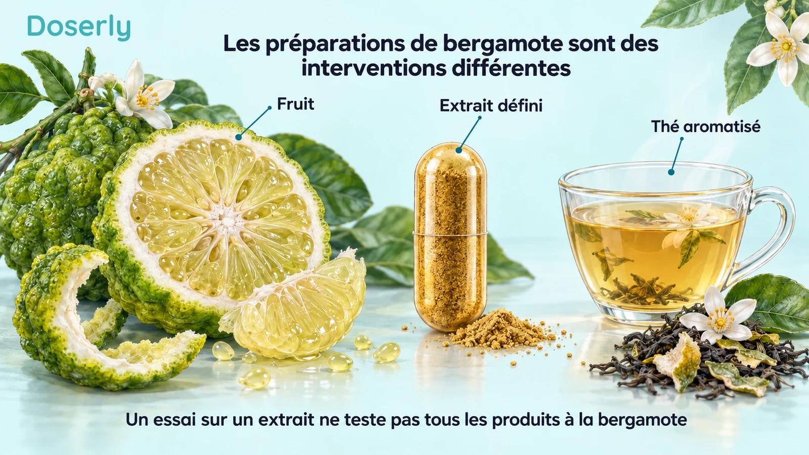 Un fruit de bergamote, une capsule d’extrait défini et un thé aromatisé présentés comme des préparations distinctes.