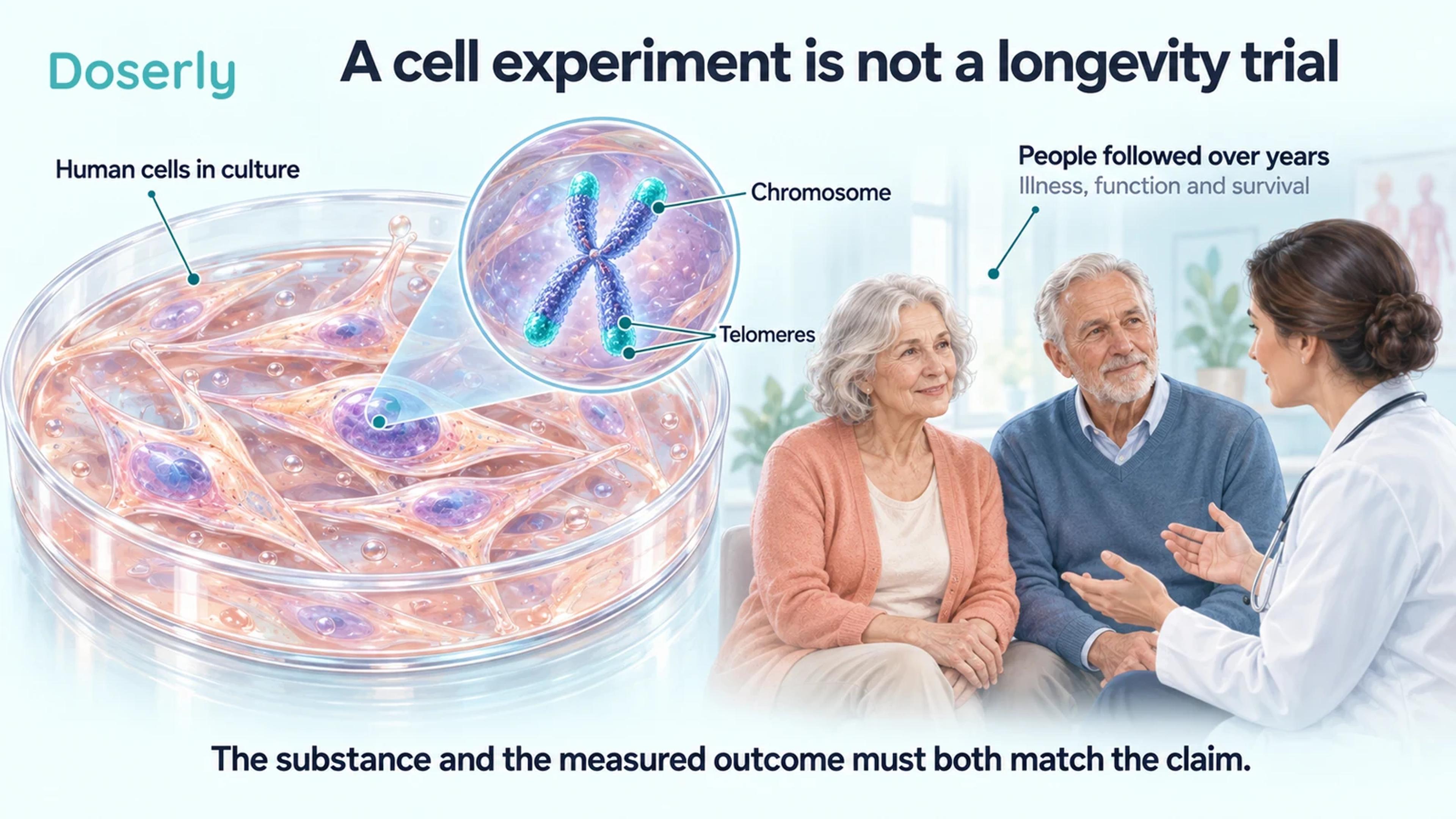 Fibroblasts in a culture dish with a chromosome inset, alongside older adults in a clinical consultation.