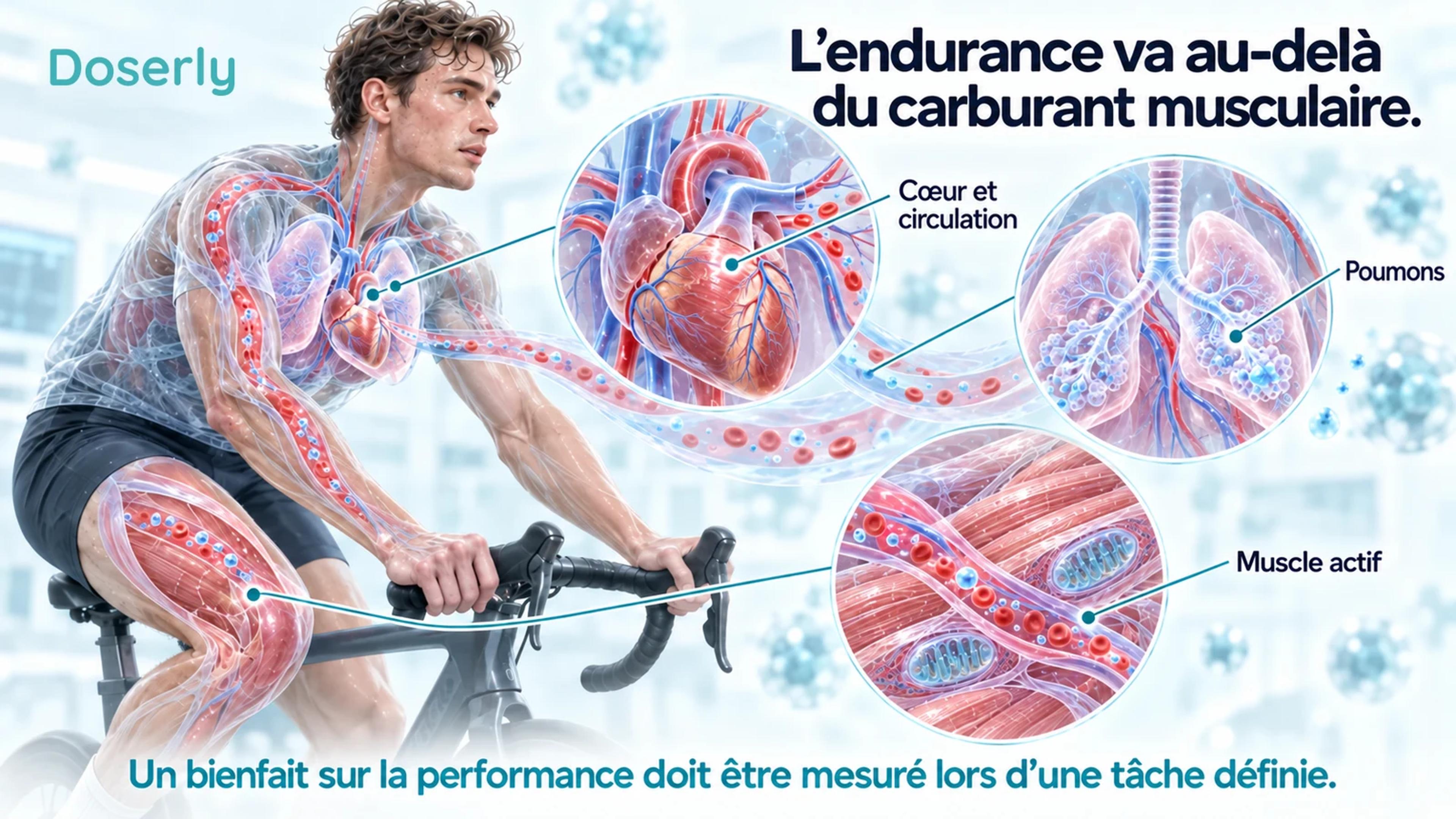 Illustration d’un cycliste avec une représentation conceptuelle de l’anatomie du cœur, des poumons et des muscles des jambes montrant les systèmes qui participent à l’exercice.