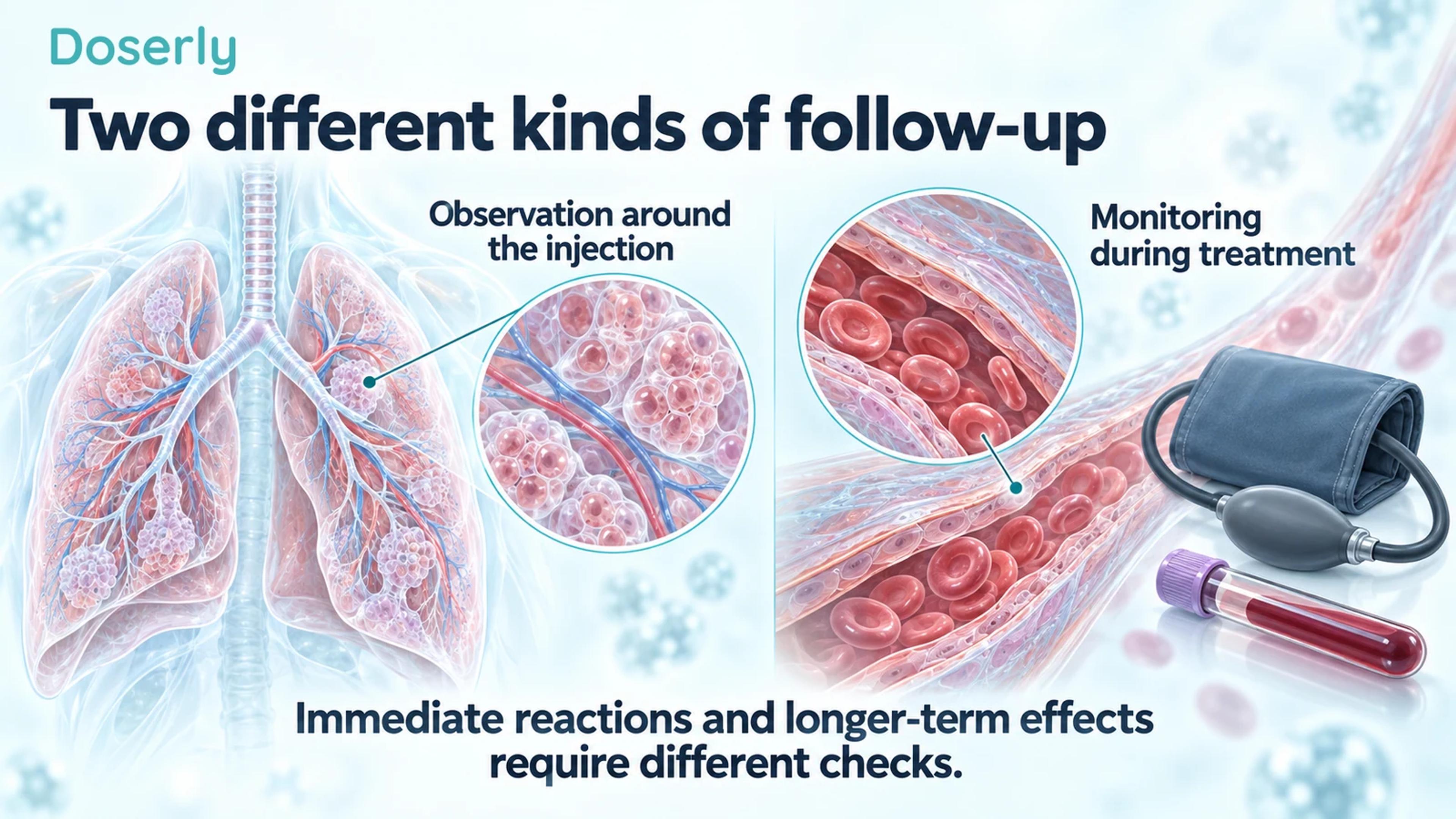 Translucent lungs appear beside a separate blood-vessel illustration, sample tube, and pressure cuff, distinguishing observation at injection from later monitoring.