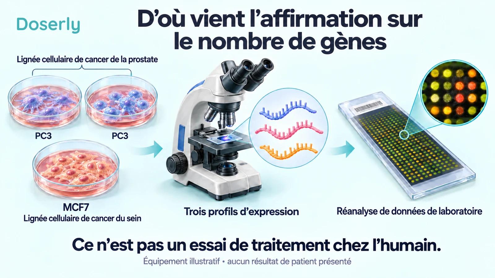 Trois boîtes de culture de laboratoire représentant deux profils PC3 et un profil MCF7, suivies d’équipement d’analyse de l’expression