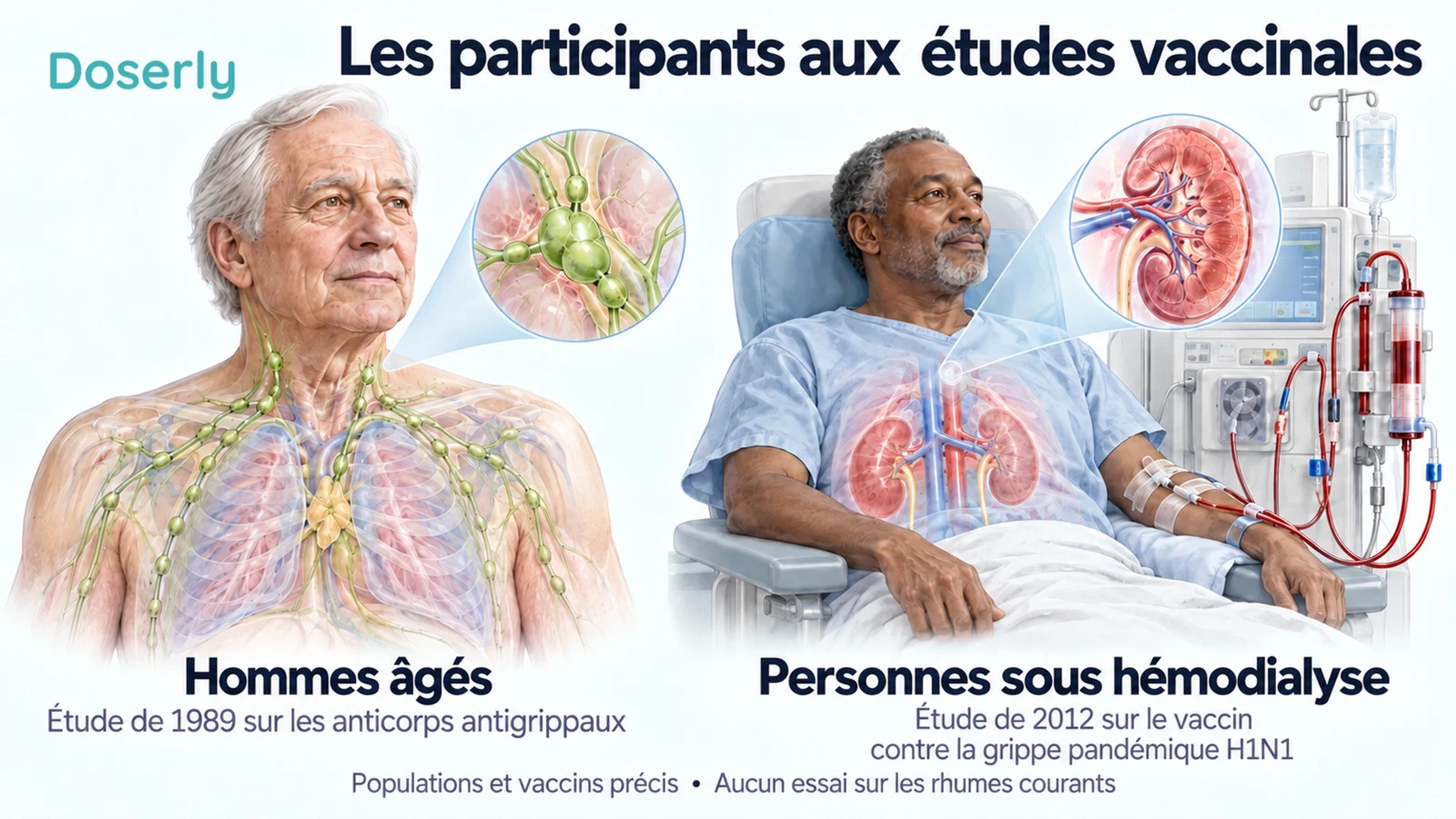 Un homme âgé et une personne sous dialyse illustrent les populations distinctes de deux études sur la réponse au vaccin antigrippal.
