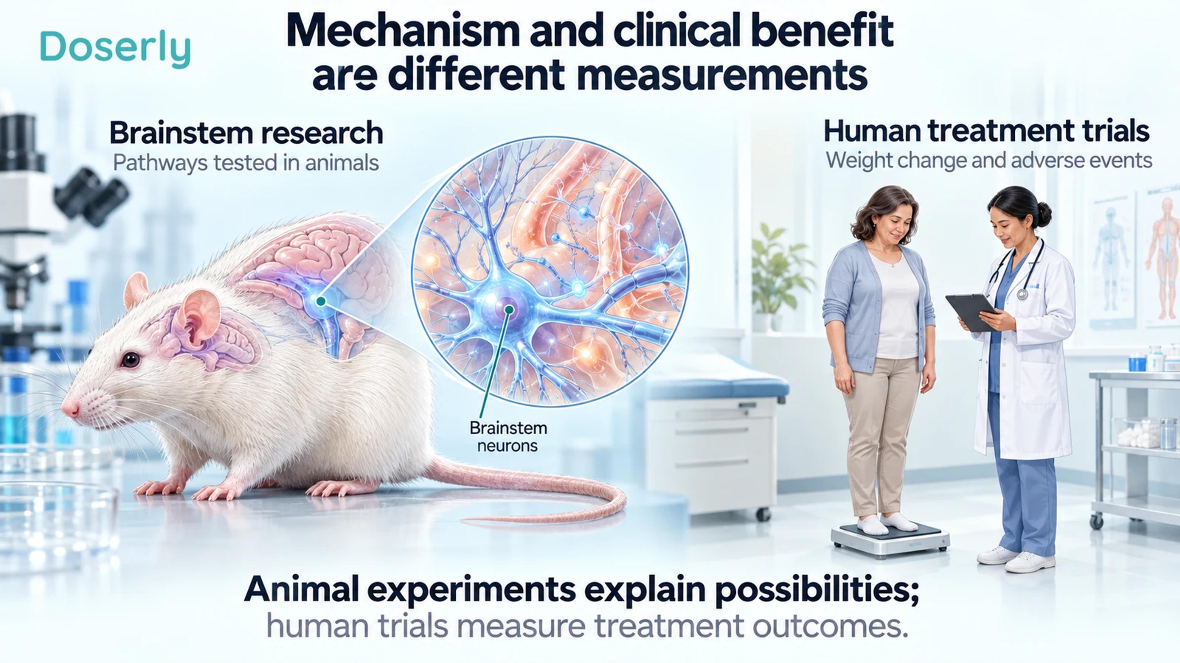 A laboratory rat with a magnified brainstem and a separate human clinic scene illustrate different levels of research.