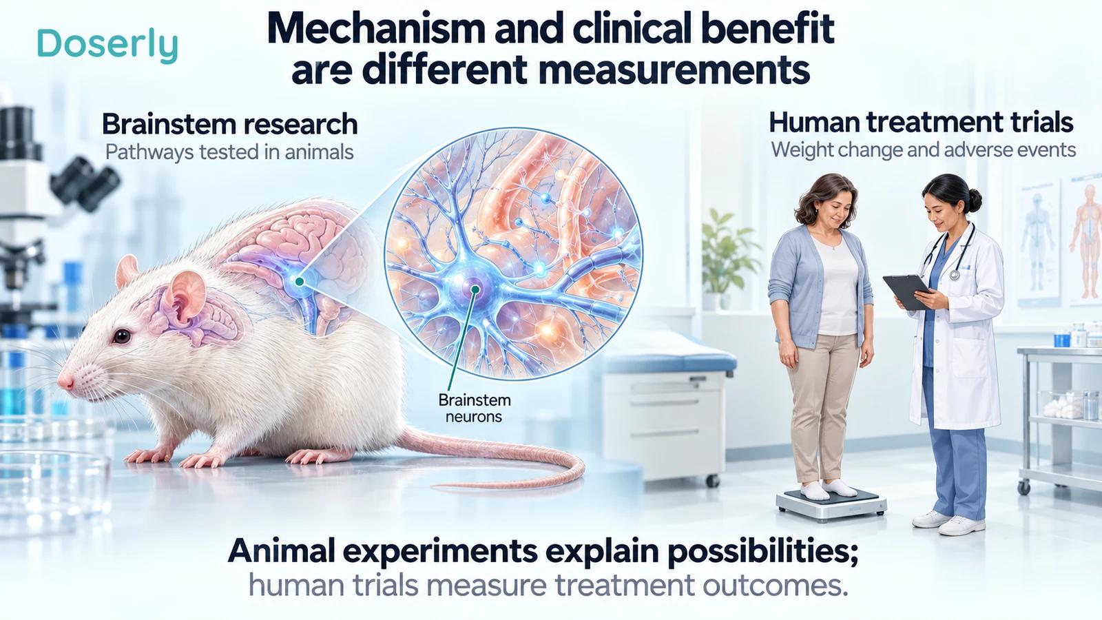 A laboratory rat with a magnified brainstem and a separate human clinic scene illustrate different levels of research.