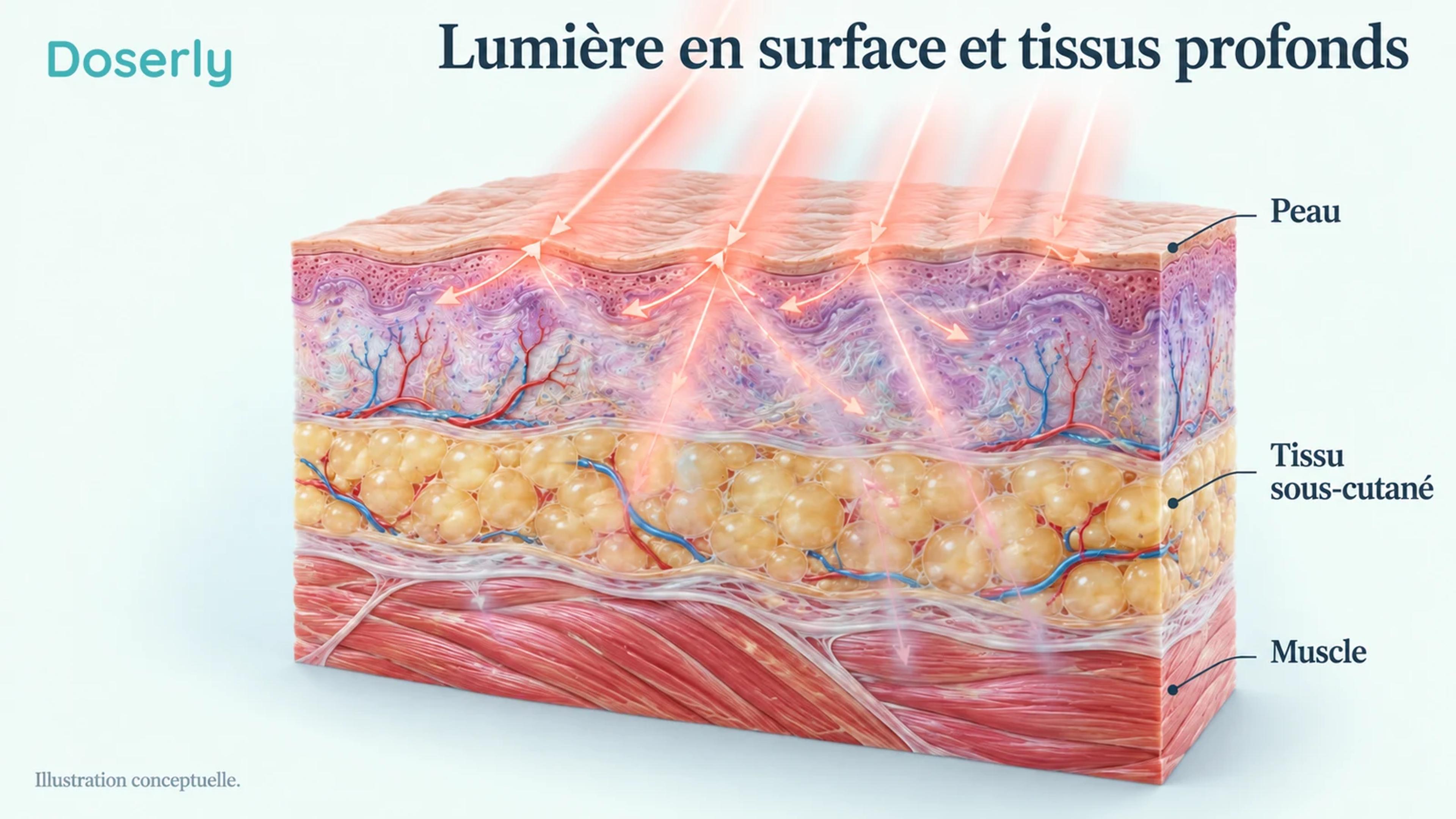 Schéma conceptuel de la peau et du muscle sous-jacent illustrant la diffusion et l’atténuation de la lumière externe avant qu’elle atteigne les tissus plus profonds.
