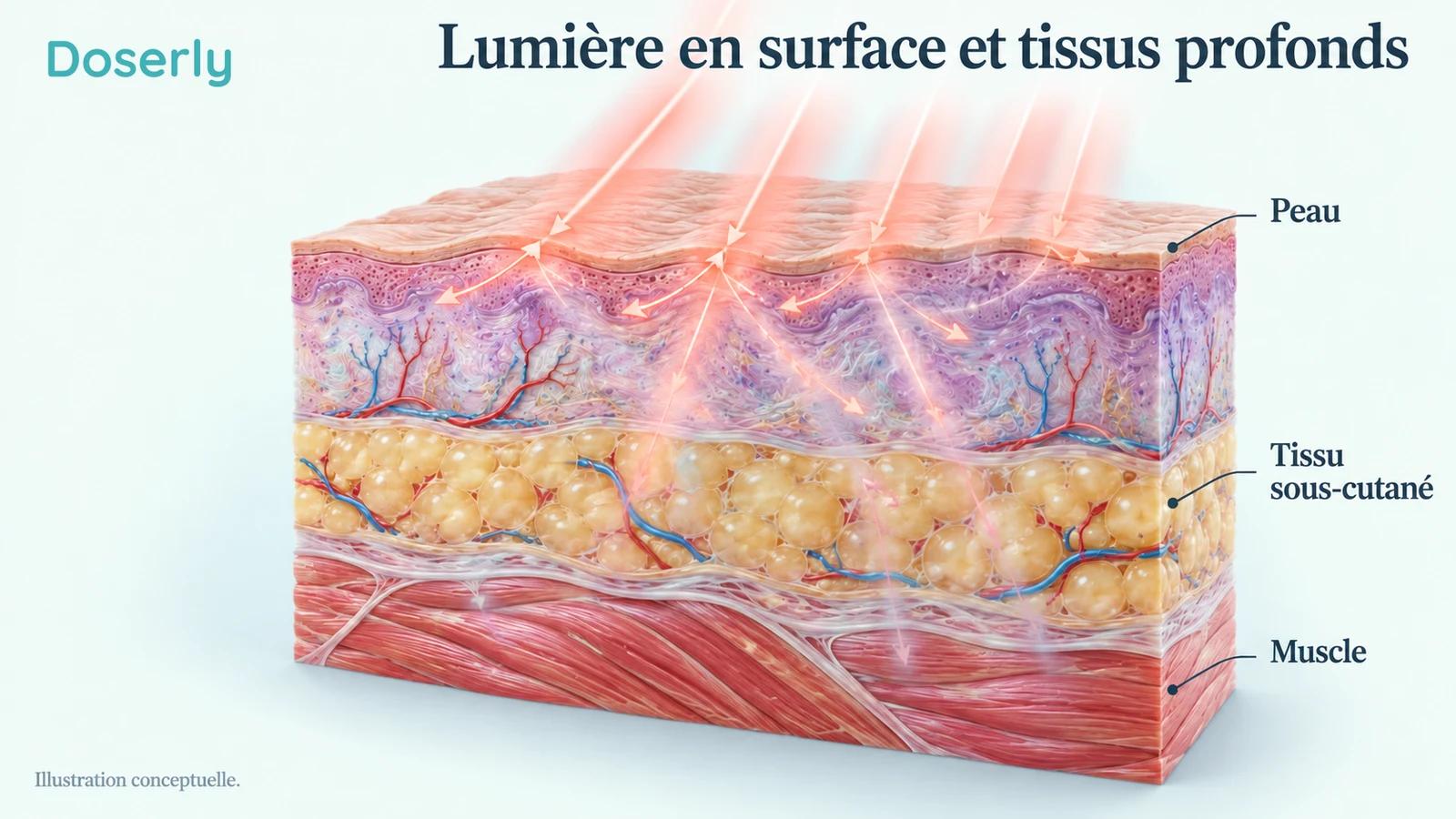 Schéma conceptuel de la peau et du muscle sous-jacent illustrant la diffusion et l’atténuation de la lumière externe avant qu’elle atteigne les tissus plus profonds.