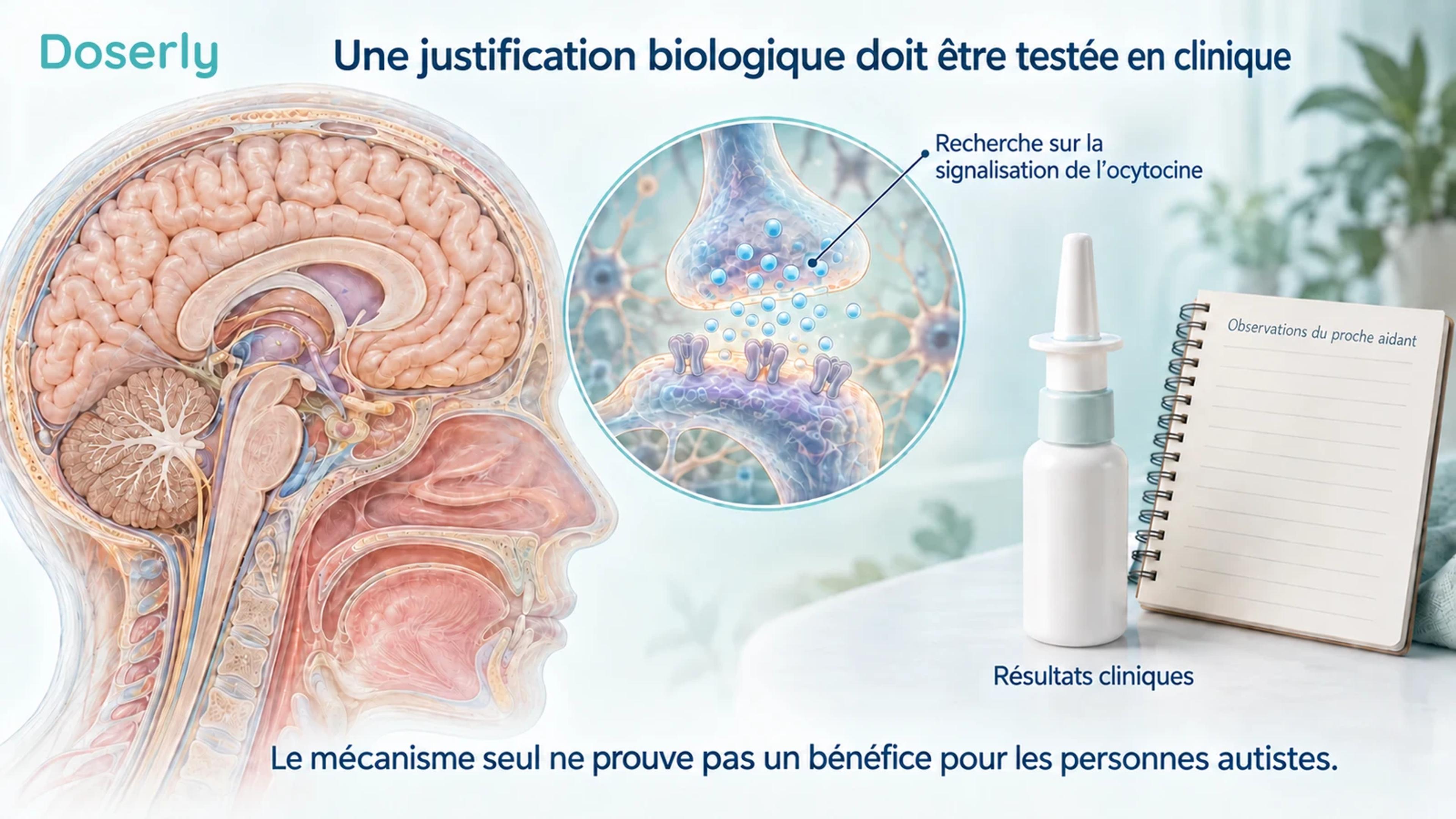 Anatomie cérébrale neutre avec une synapse conceptuelle à côté d’un vaporisateur nasal sans marque et d’un carnet d’observations d’un proche aidant.
