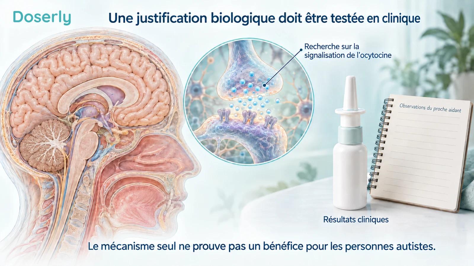 Anatomie cérébrale neutre avec une synapse conceptuelle à côté d’un vaporisateur nasal sans marque et d’un carnet d’observations d’un proche aidant.