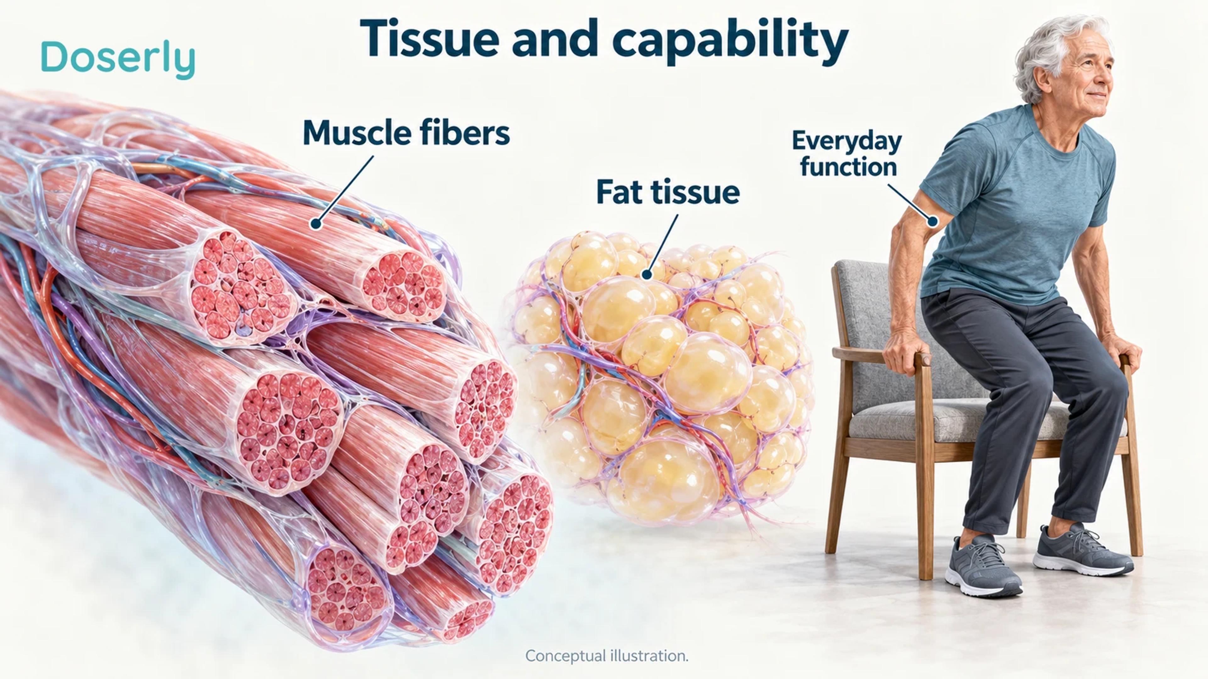 Skeletal muscle fibers with a separate conceptual view of fat tissue and a functional chair-rise scene.