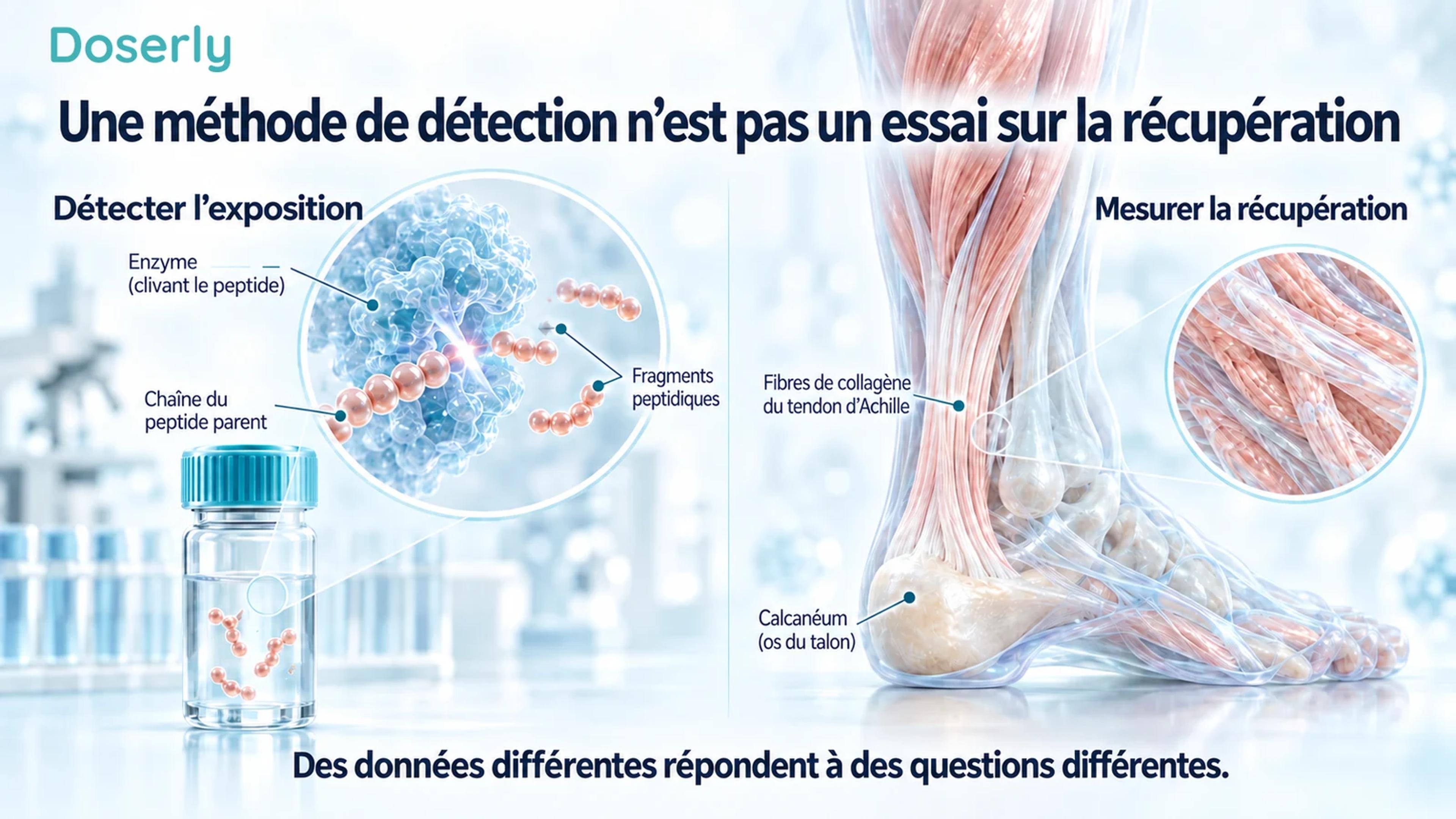 Fragments peptidiques de laboratoire présentés séparément d’une anatomie détaillée du tendon d’Achille et de l’os du talon