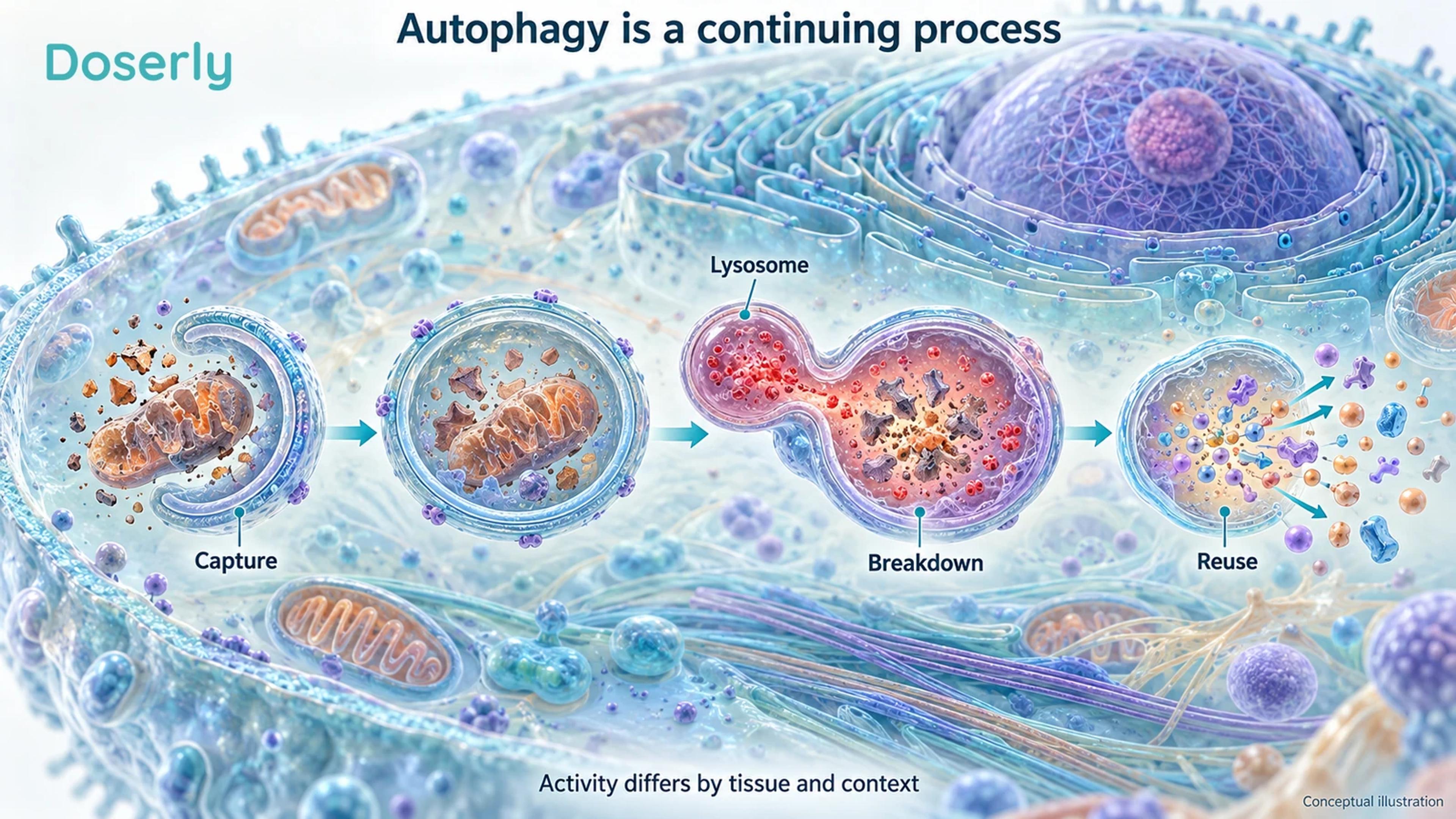 A detailed cell cutaway shows capture of cellular material, lysosomal breakdown and reuse of components