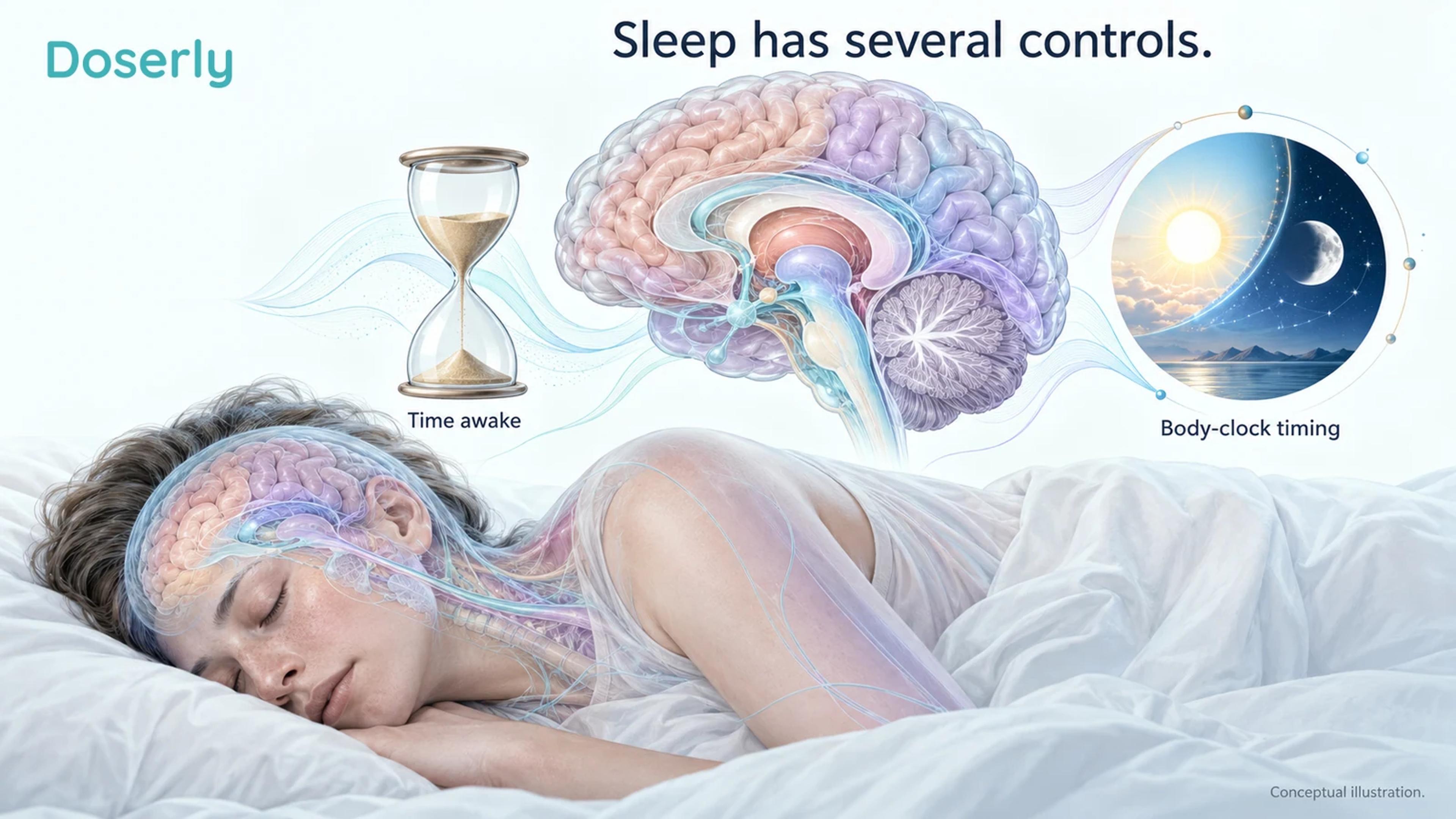 A sleeping adult and anatomical brain appear beside conceptual day-night and time-awake symbols.