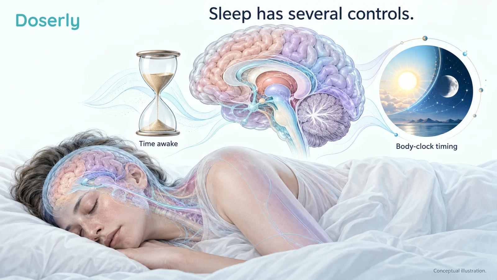 A sleeping adult and anatomical brain appear beside conceptual day-night and time-awake symbols.